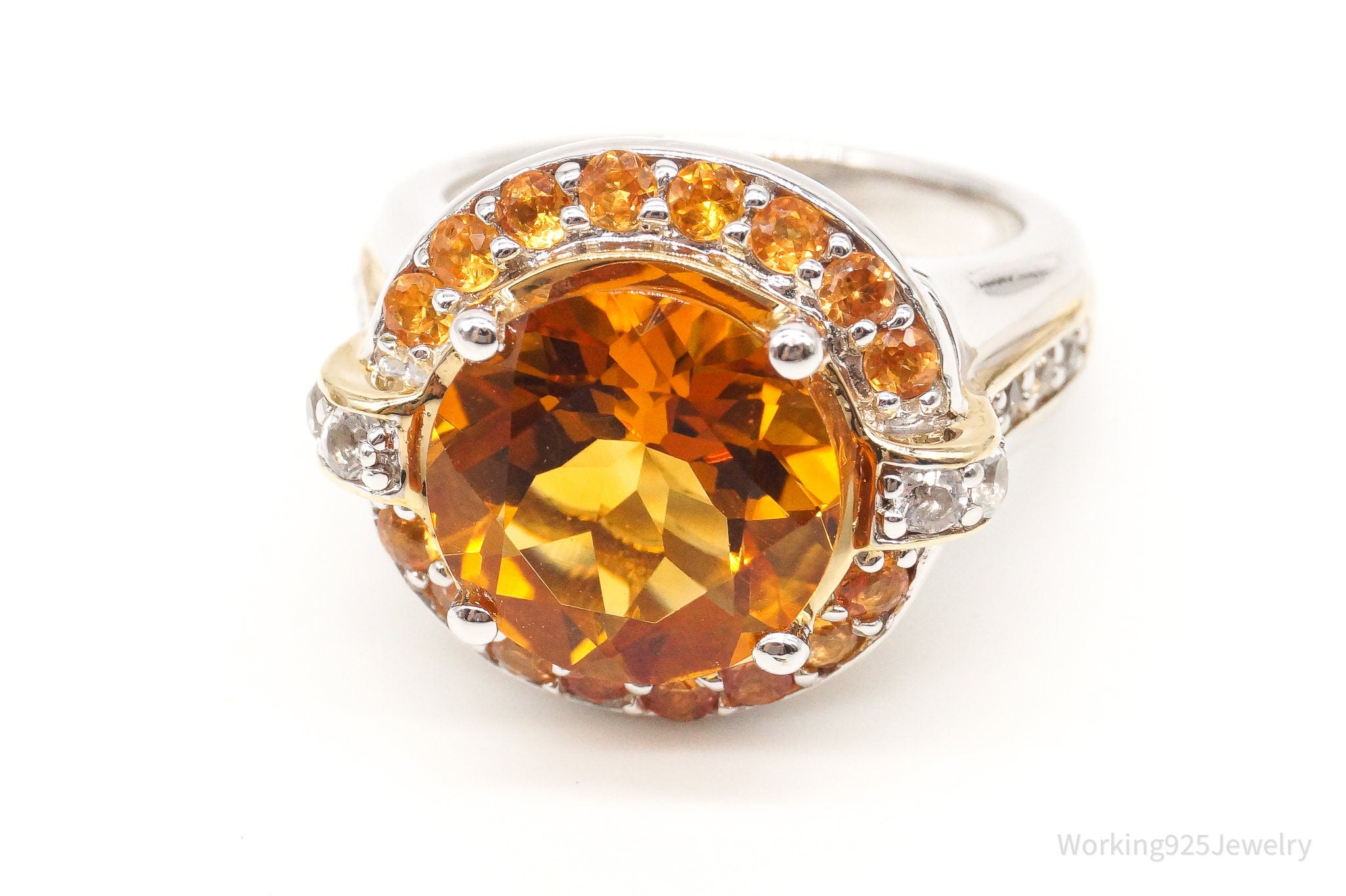 Large Citrine Cubic Zirconia Gold Vermeil Sterling Silver Ring - Size 6
