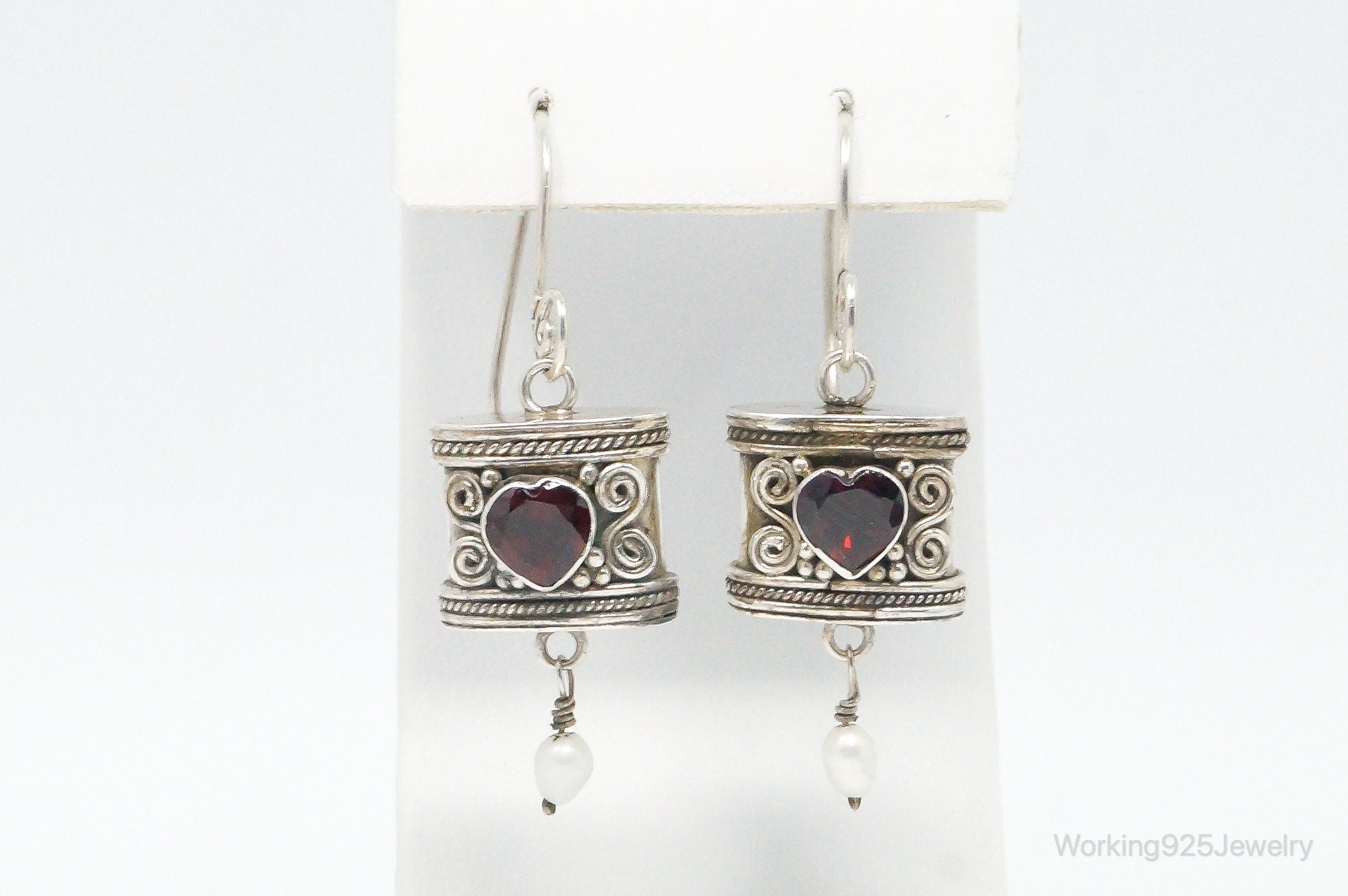 Vintage Garnet Heart Pearl Bali Inspired Sterling Silver Earrings