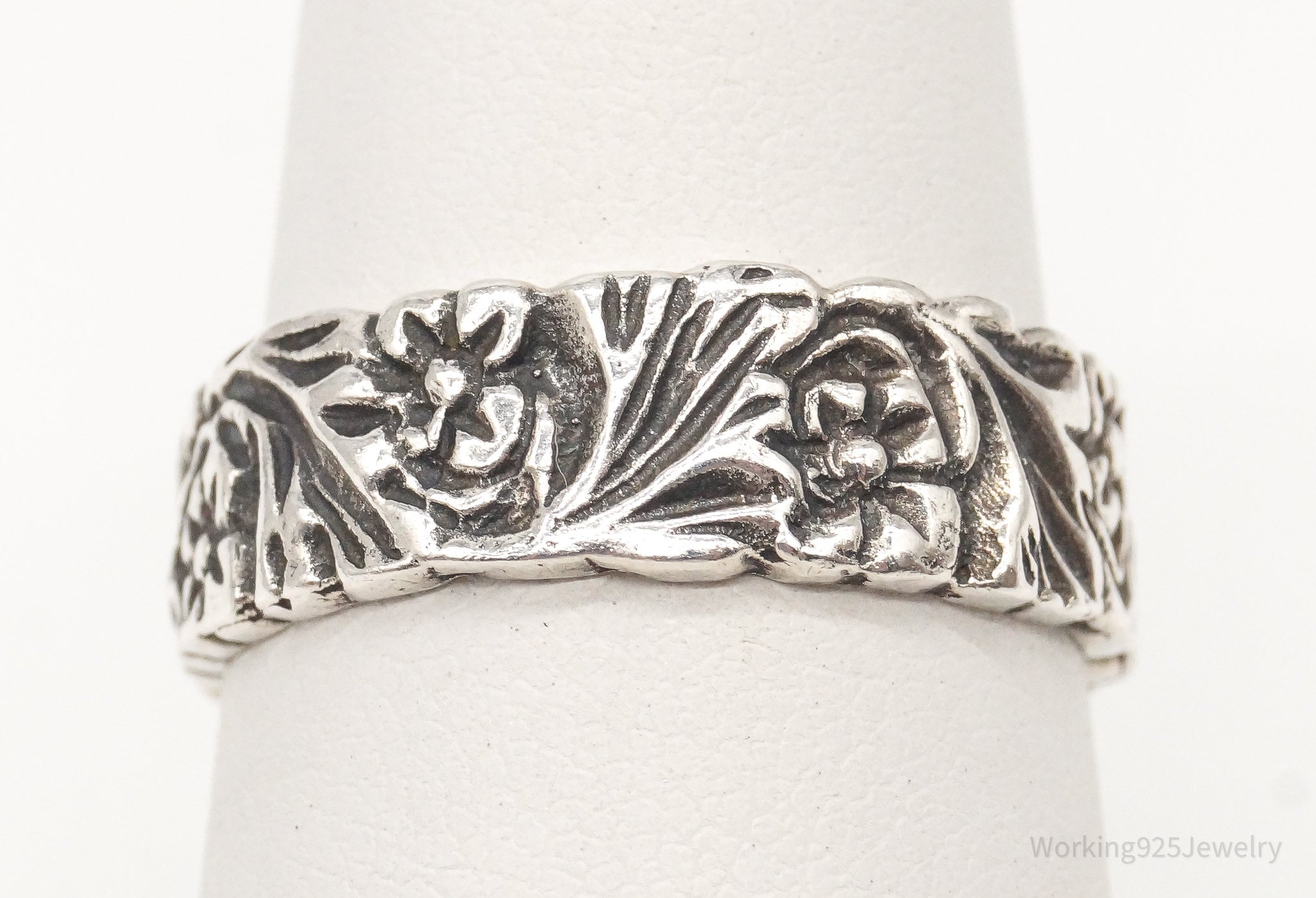 Vintage Flowers Sterling Silver Band Ring - Size 7.5