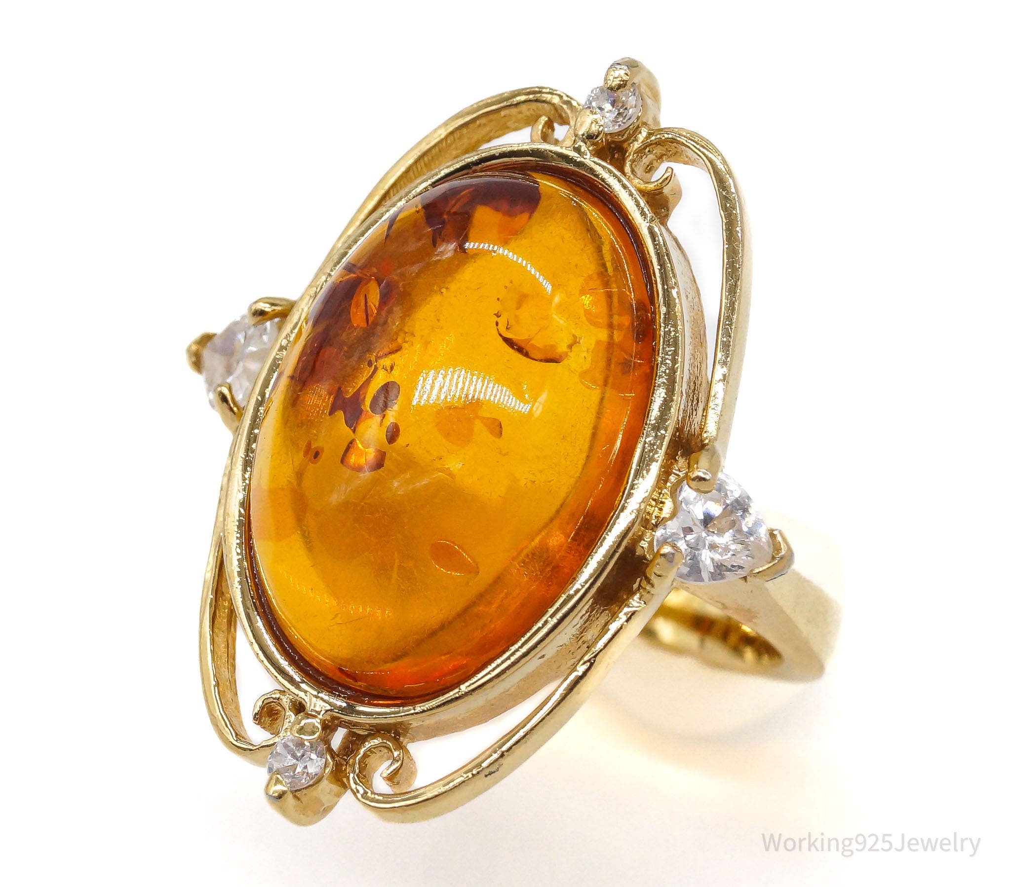 Designer Amber Cubic Zirconia Gold Over Sterling Silver Ring - Size 6.75