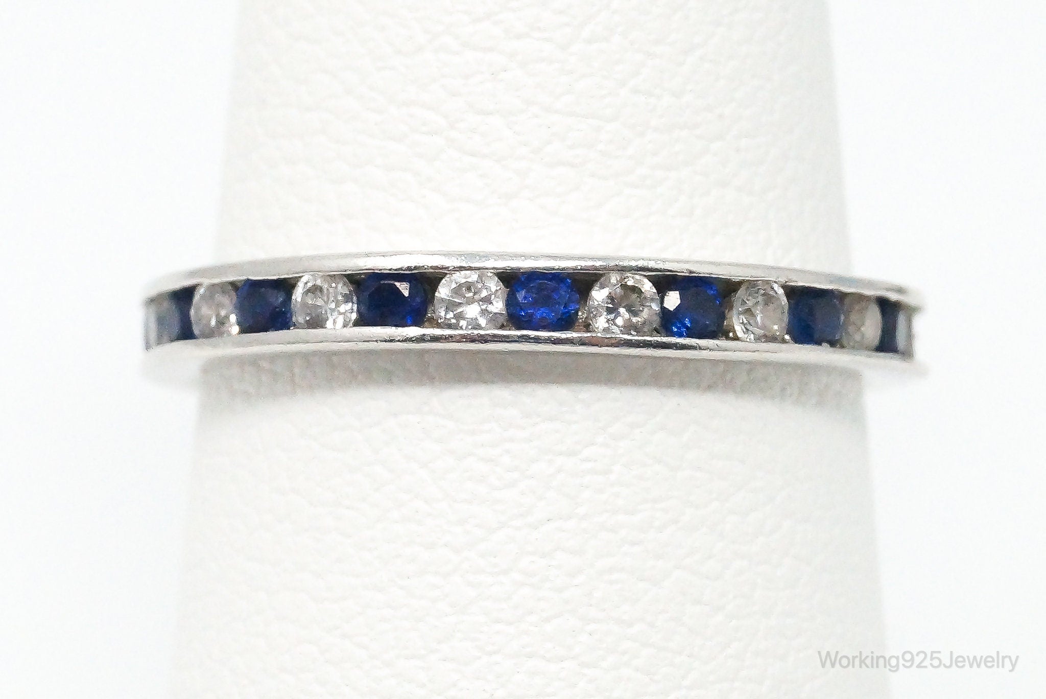 Vintage Designer Blue & White Cubic Zirconia Sterling Silver Ring - Size 6.25