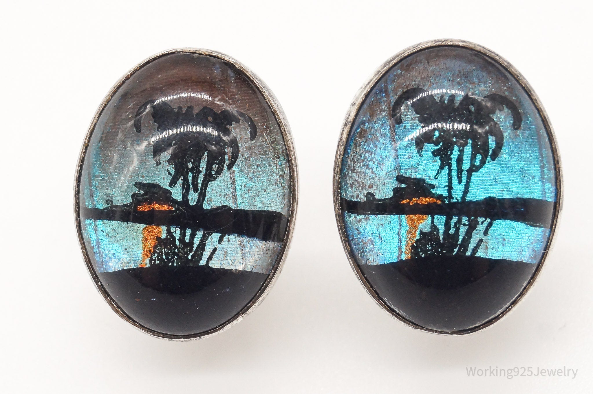 Antique Hoffman Painted Butterfly Wing Beach Scene Sterling Silver Earrings