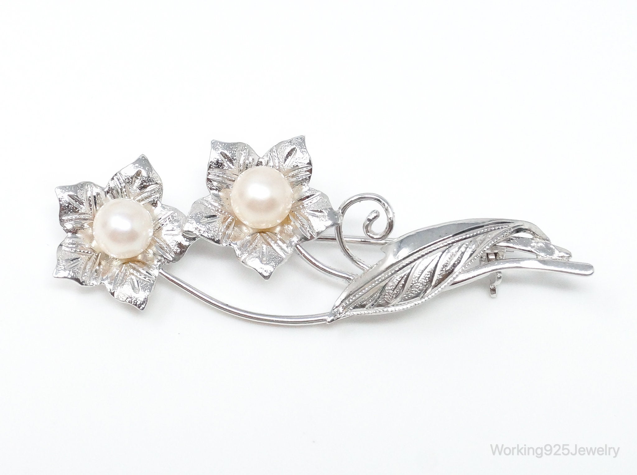 Antique Floral Pearl Sterling Silver Brooch Pin