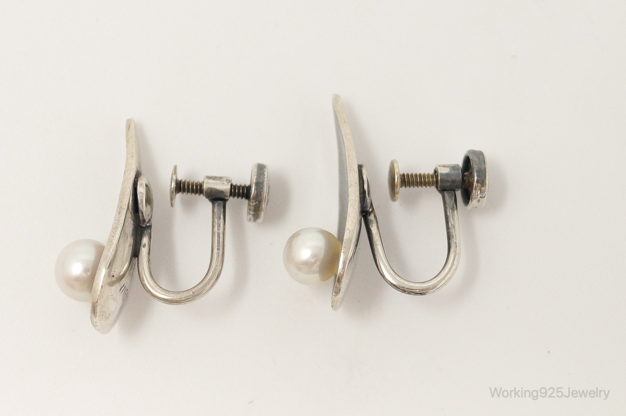 RARE Vintage Modernist Ed Wiener Pearl French Screw Back SterlingSilver Earrings