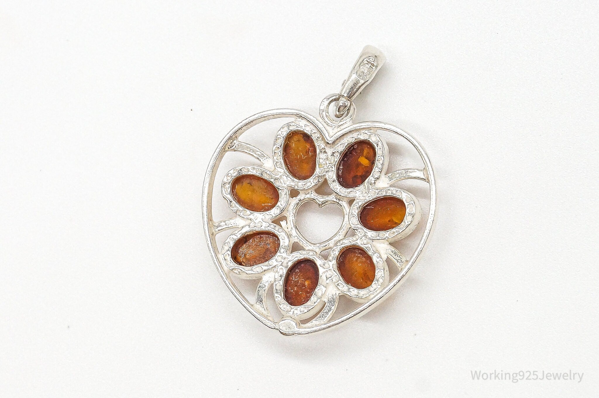 Vintage Amber Heart Modernist Sterling Silver Pendant