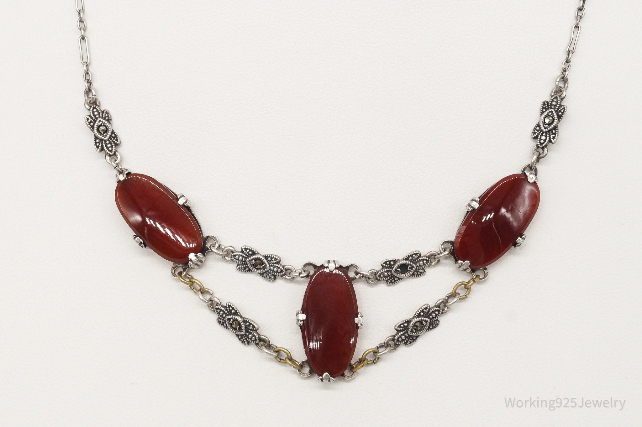 Antique Carnelian Marcasite Sterling Silver Necklace