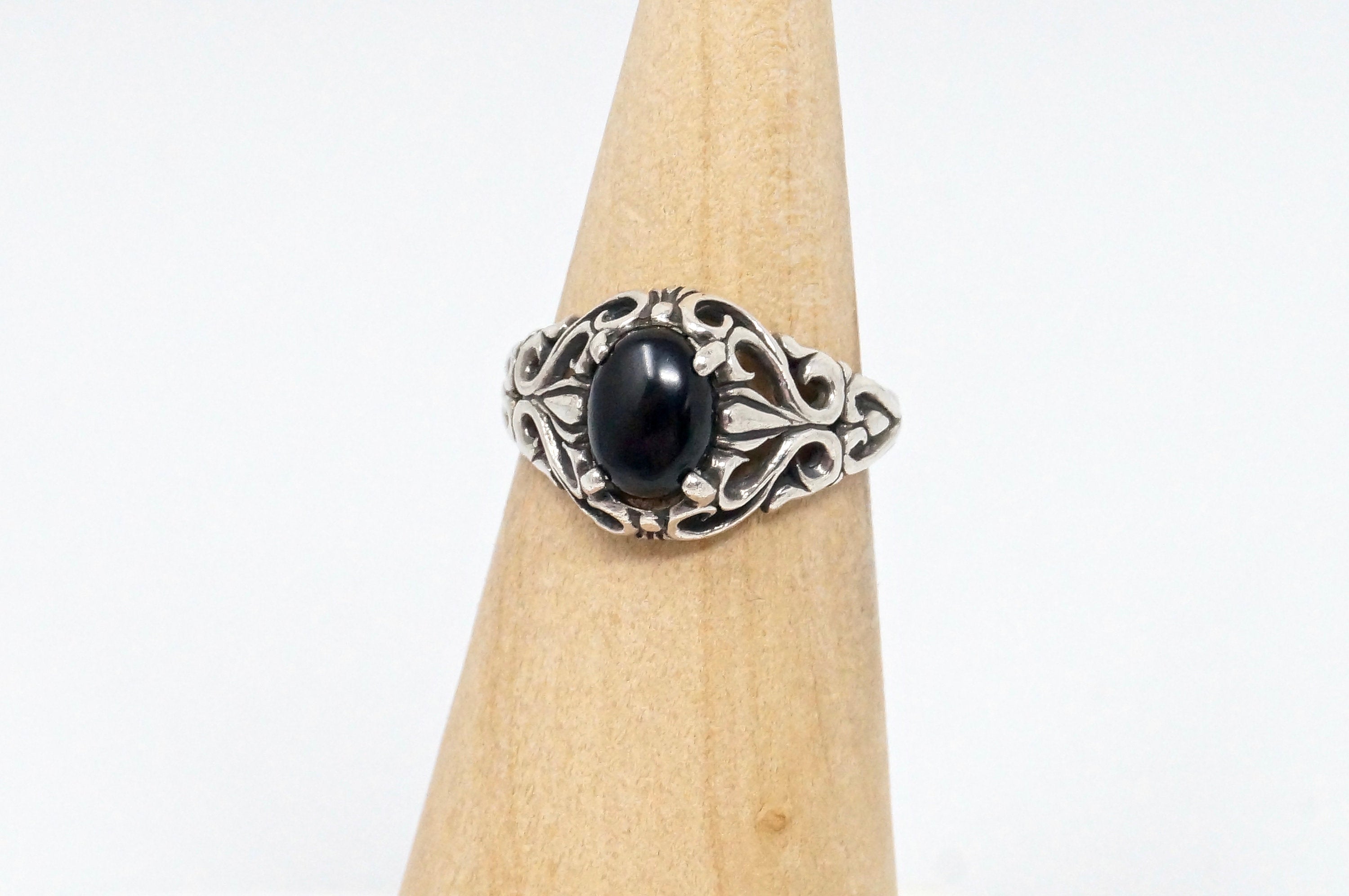 Vintage Kabana KBN Black Onyx Motif Swirl Sterling Silver Ring - Size 5.75