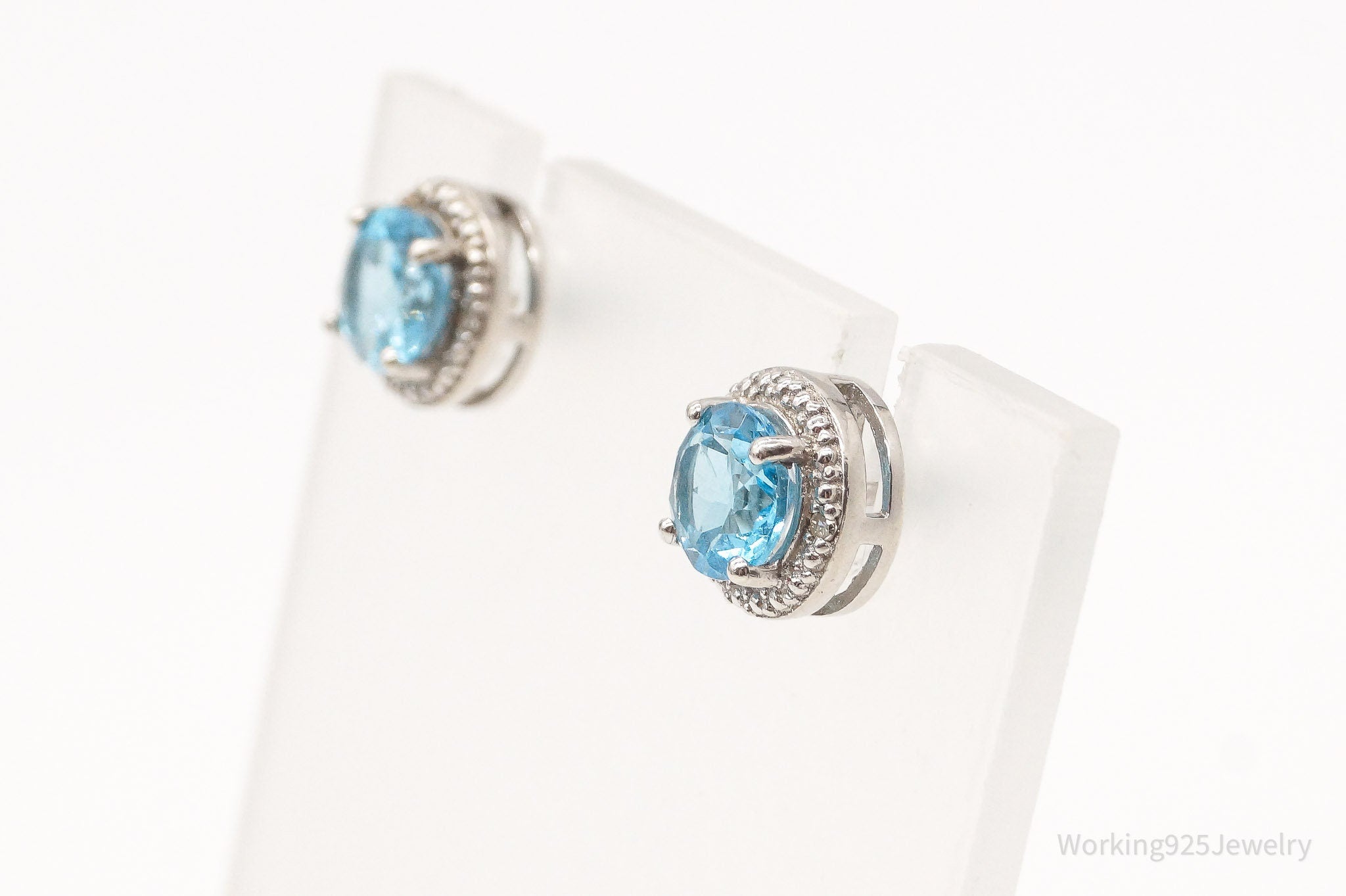 Vintage Blue Topaz 4 Diamond Sterling Silver Earrings