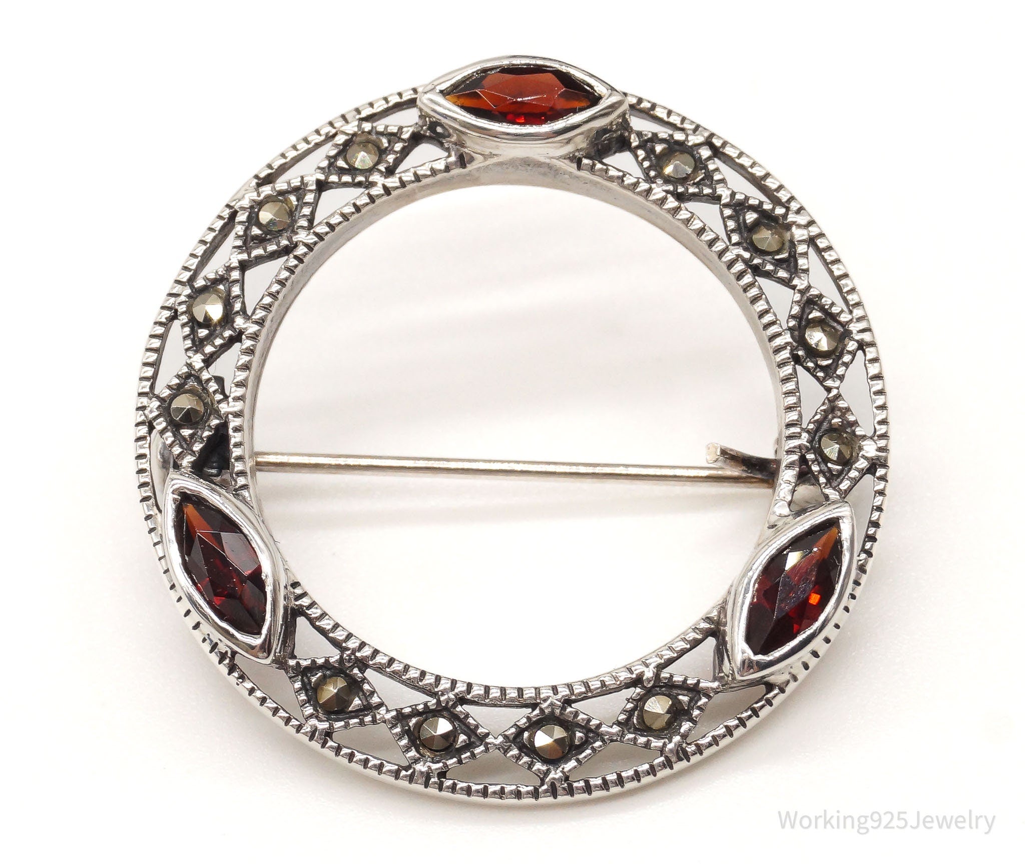 Vintage Garnet Marcasite Art Deco Style Sterling Silver Brooch Pin