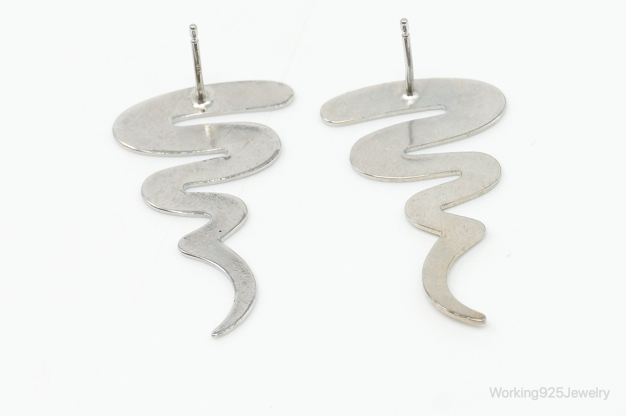 Long Vintage Scribble Modernist Style Sterling Silver Earrings