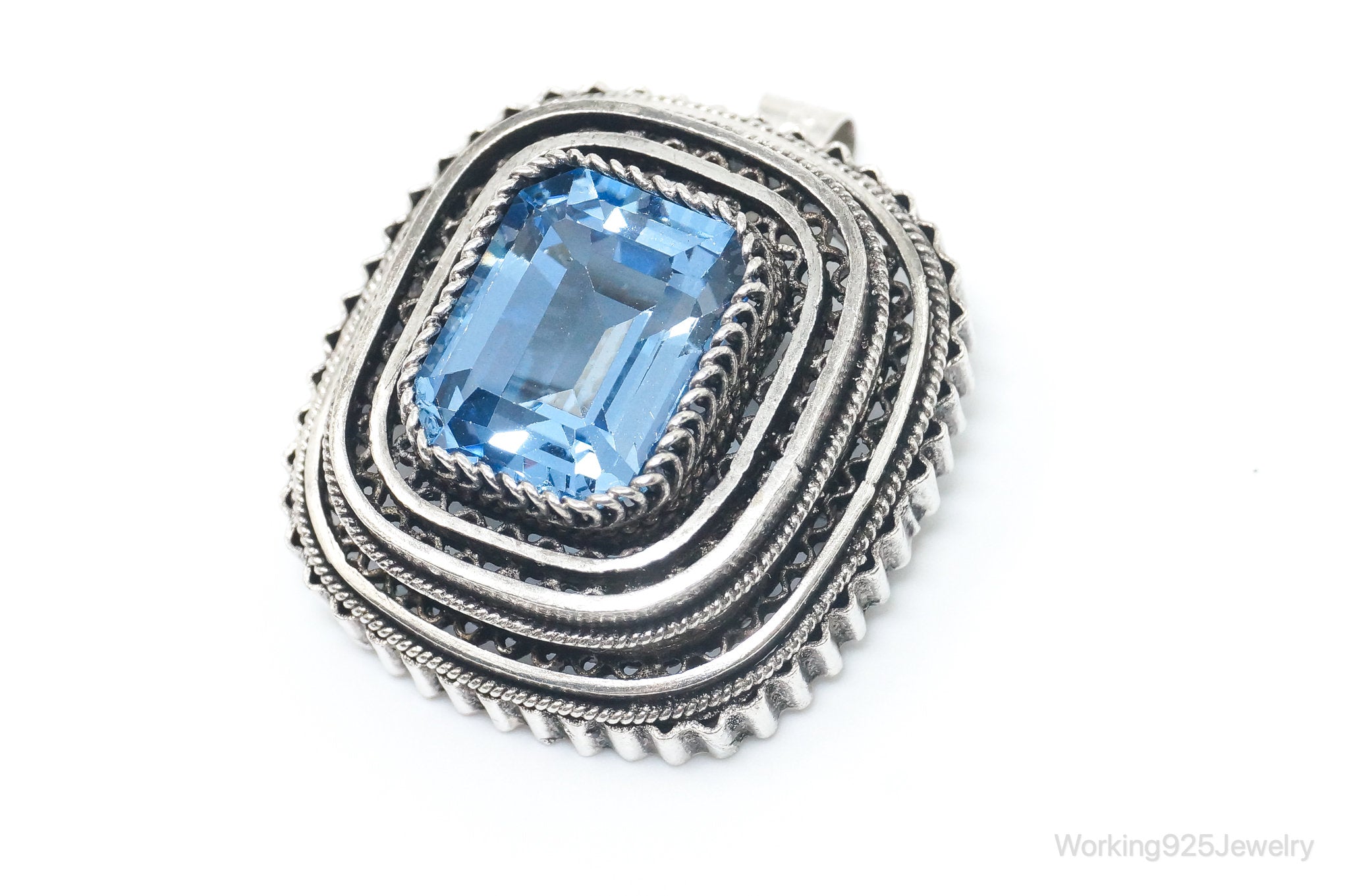 Large Vintage Art Deco Blue Topaz Sterling Silver Brooch Pendant