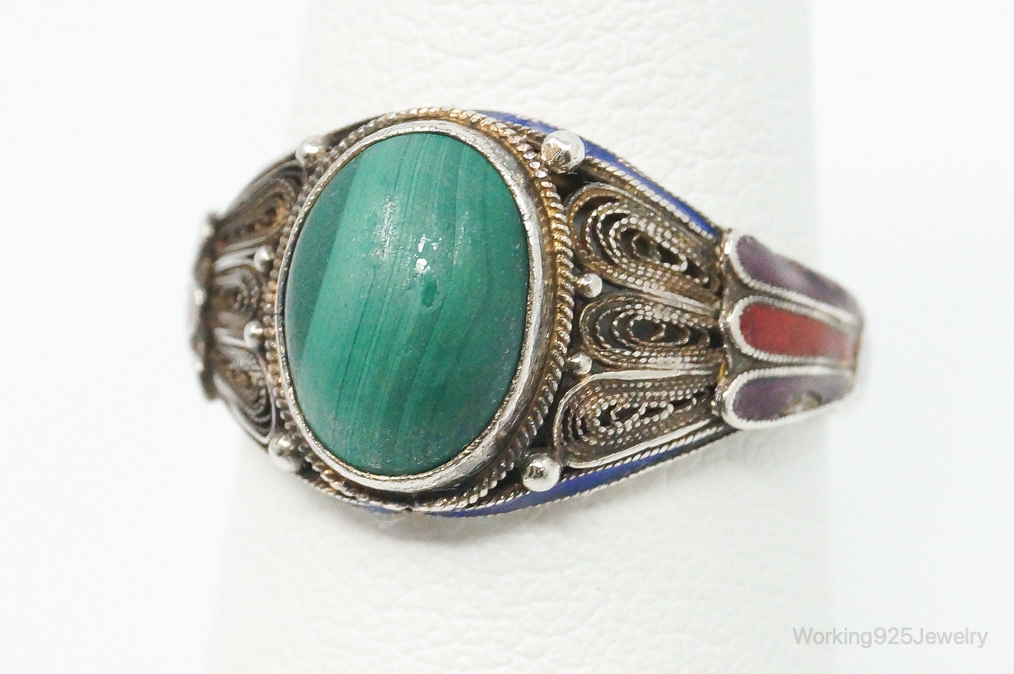 Vintage Chinese Malachite Enamel Filigree Silver Ring - Size 6.5