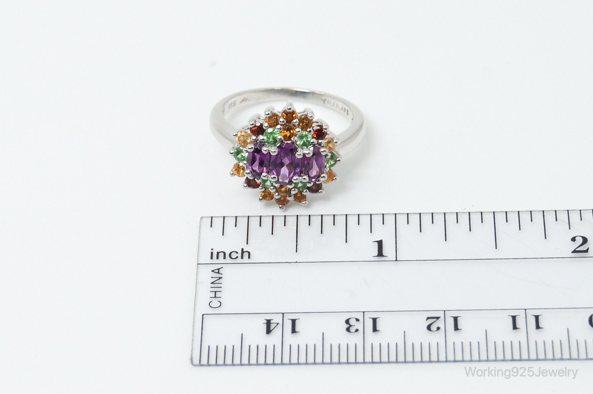 Vintage Art Deco Multi Gem Sterling Silver Ring - Size 6.75