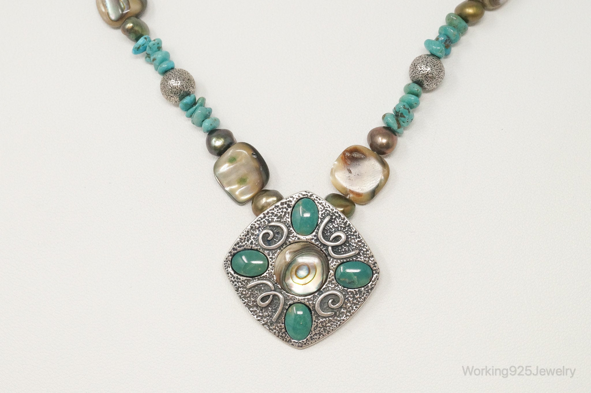 Designer Carolyn Pollack Relios Turquoise Abalone Sterling Silver Necklace