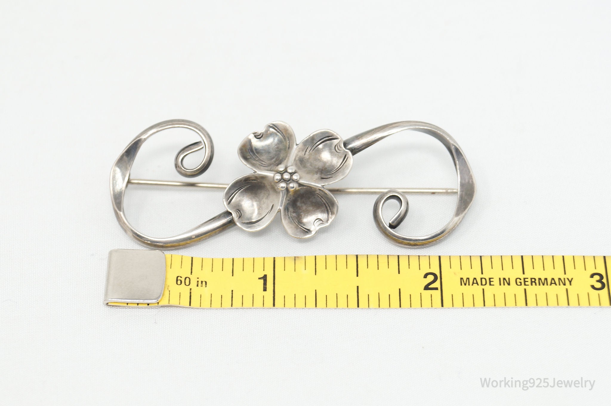 Large Vintage Designer NYE Modernist Dogwood Sterling Silver Brooch Pin