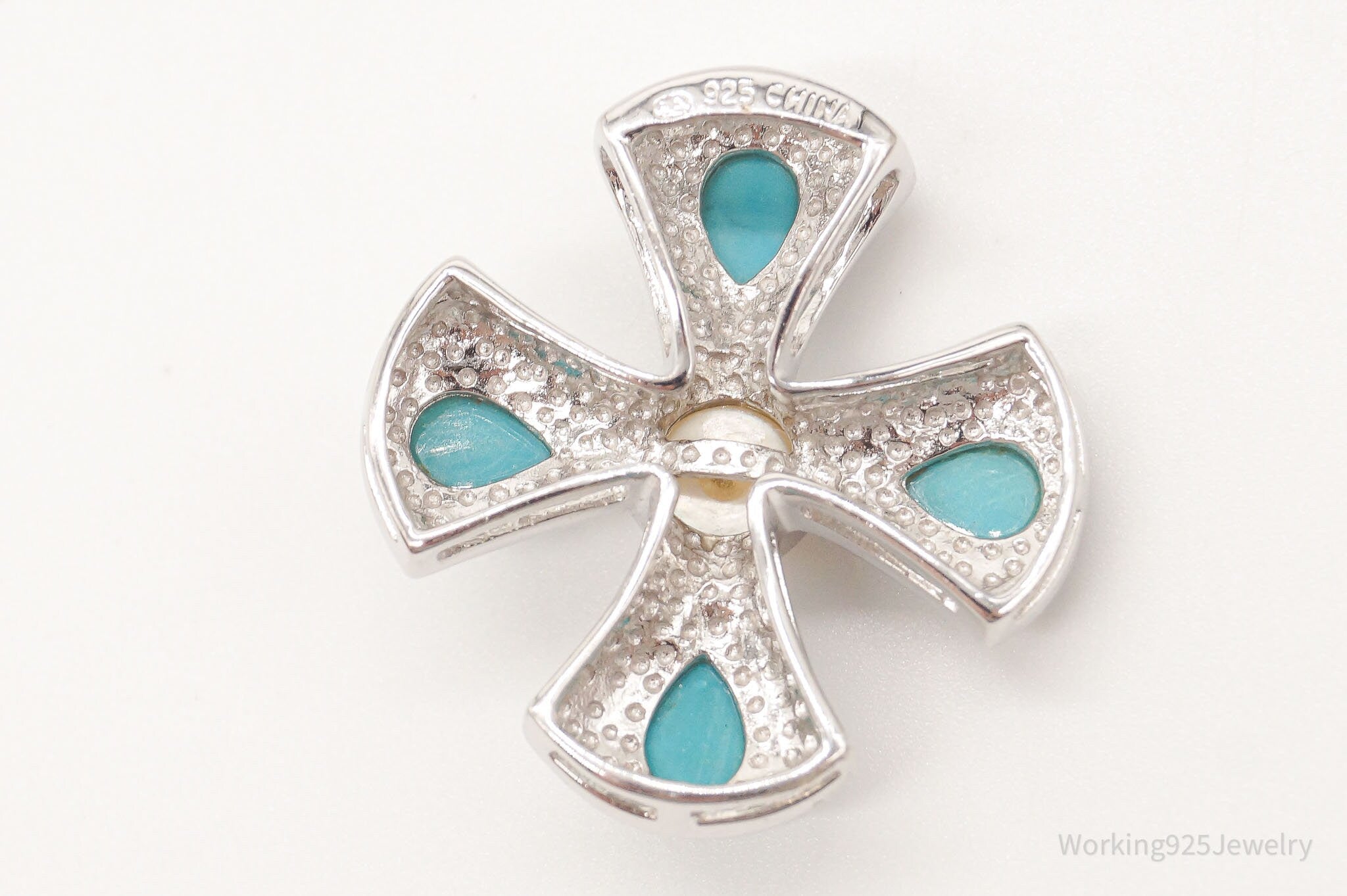 Vintage Designer EA Turquoise Pearl Cross Sterling Silver Pendant