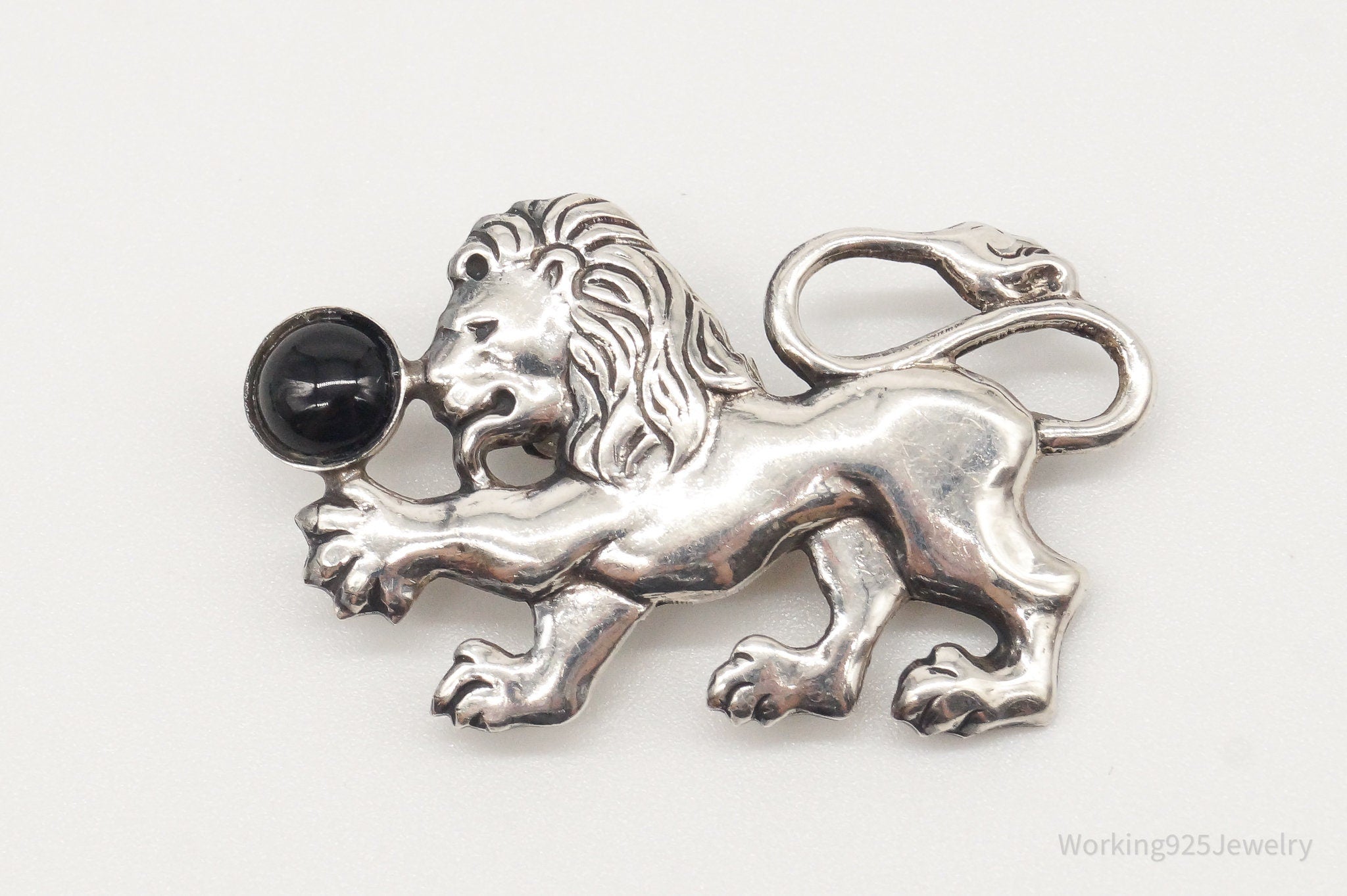 Antique Black Onyx Lion & Ball Silver Pin Brooch