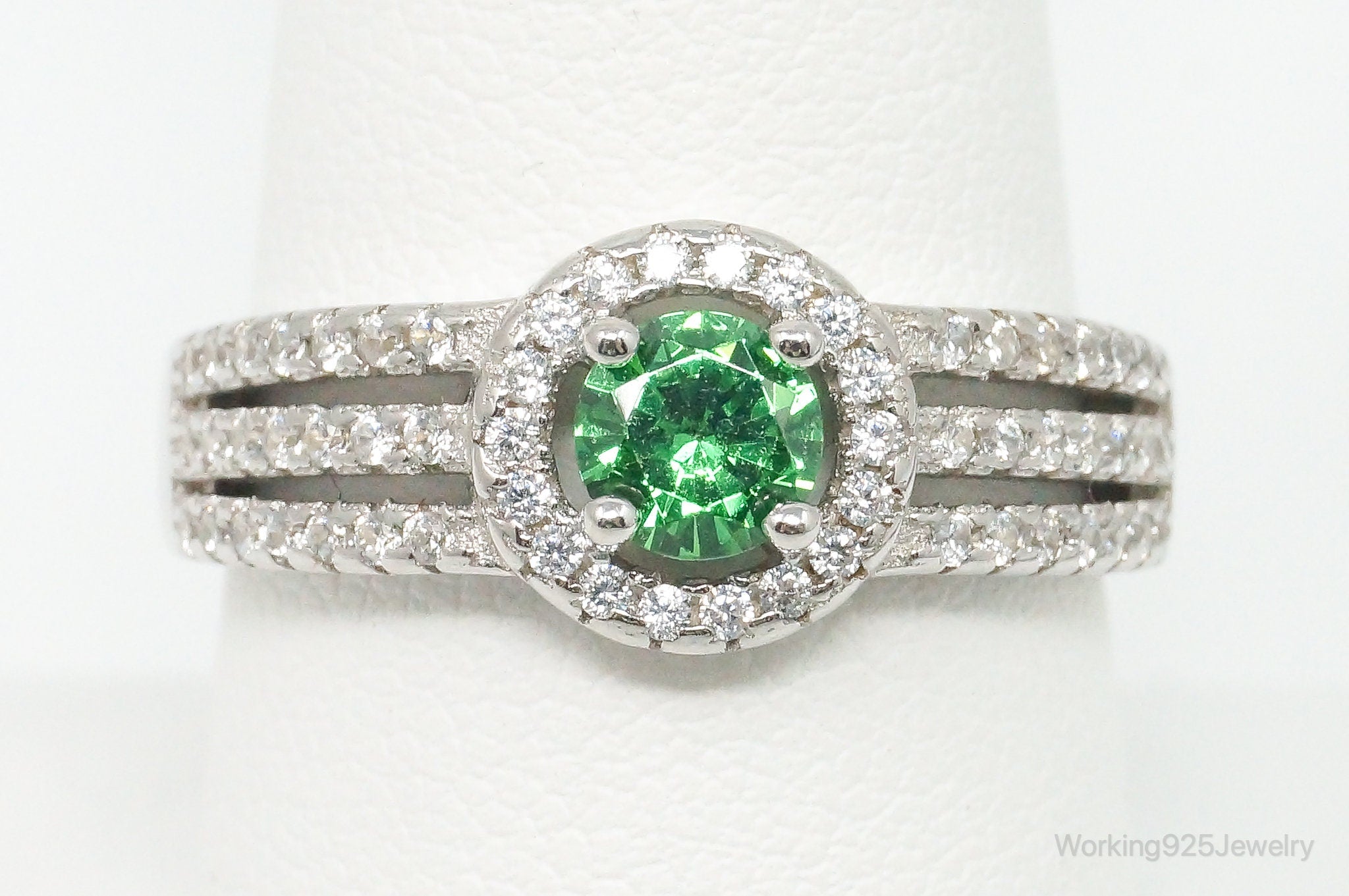 Green Cubic Zirconia Sterling Silver Ring - Size 8.75