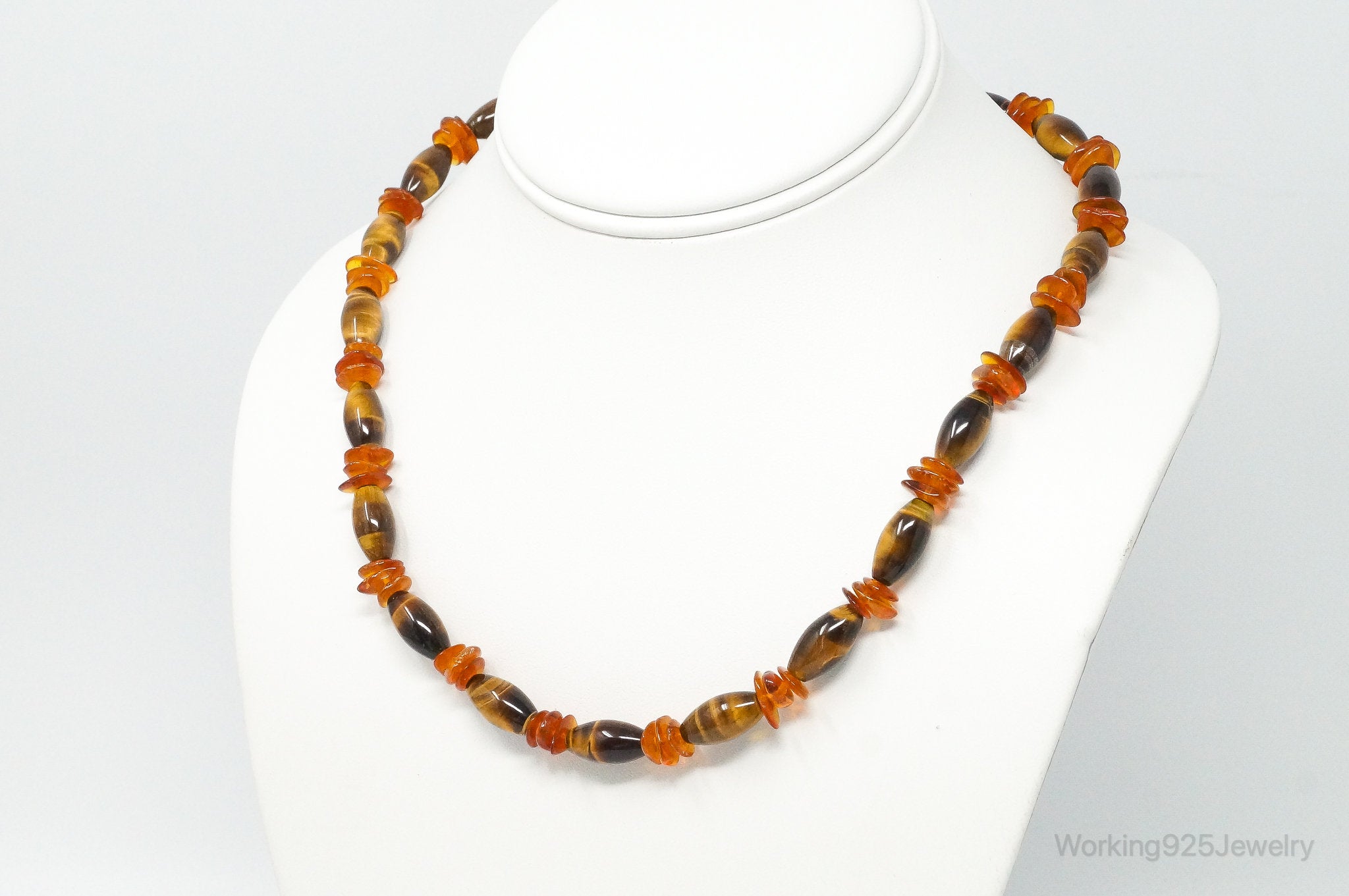 Vintage Designer GSJ Amber Tigers Eye Beads Sterling Silver Necklace