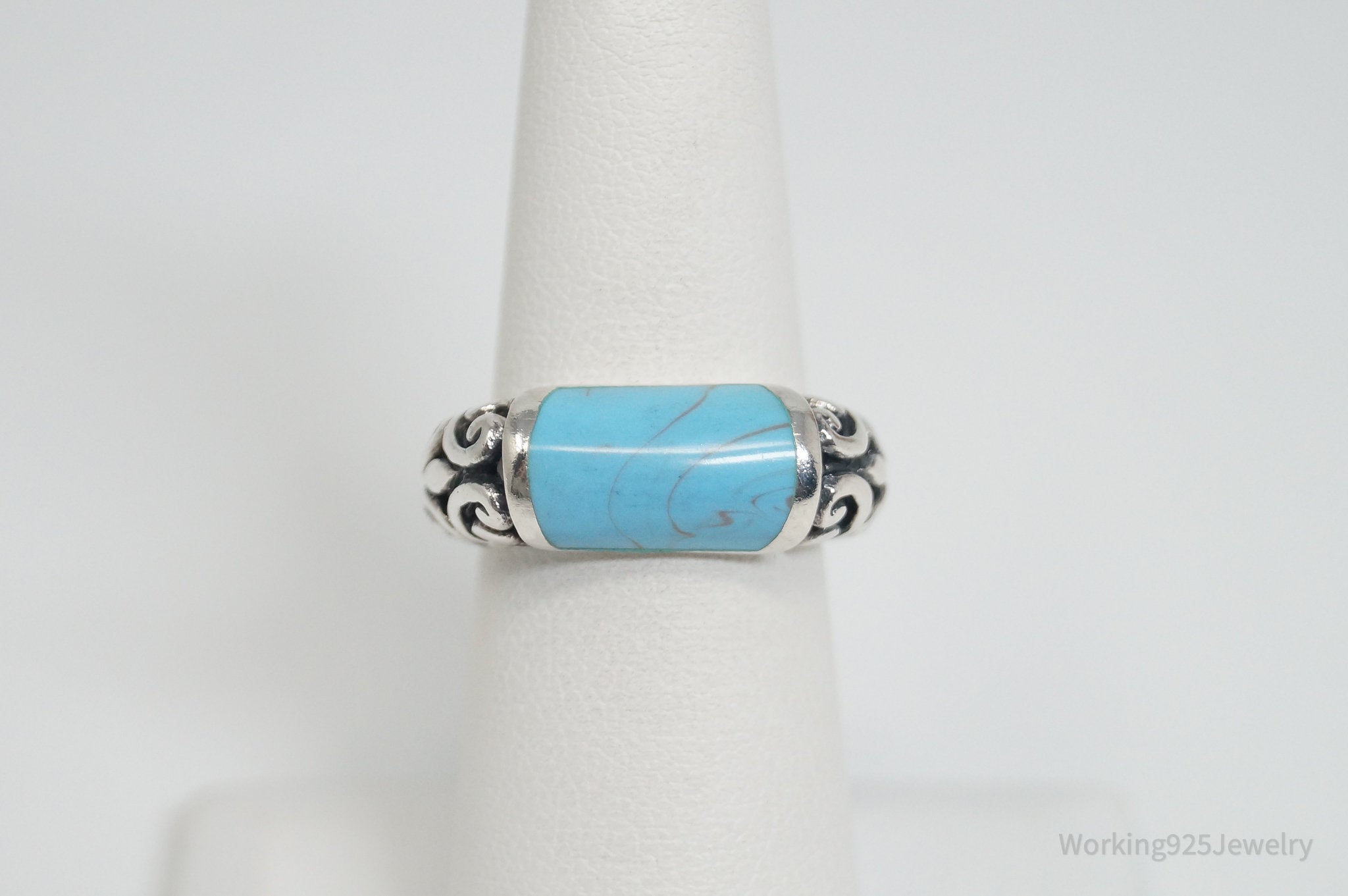 Vintage Designer FAS Faux Turquoise Scroll Ring Sterling Silver - Size 6