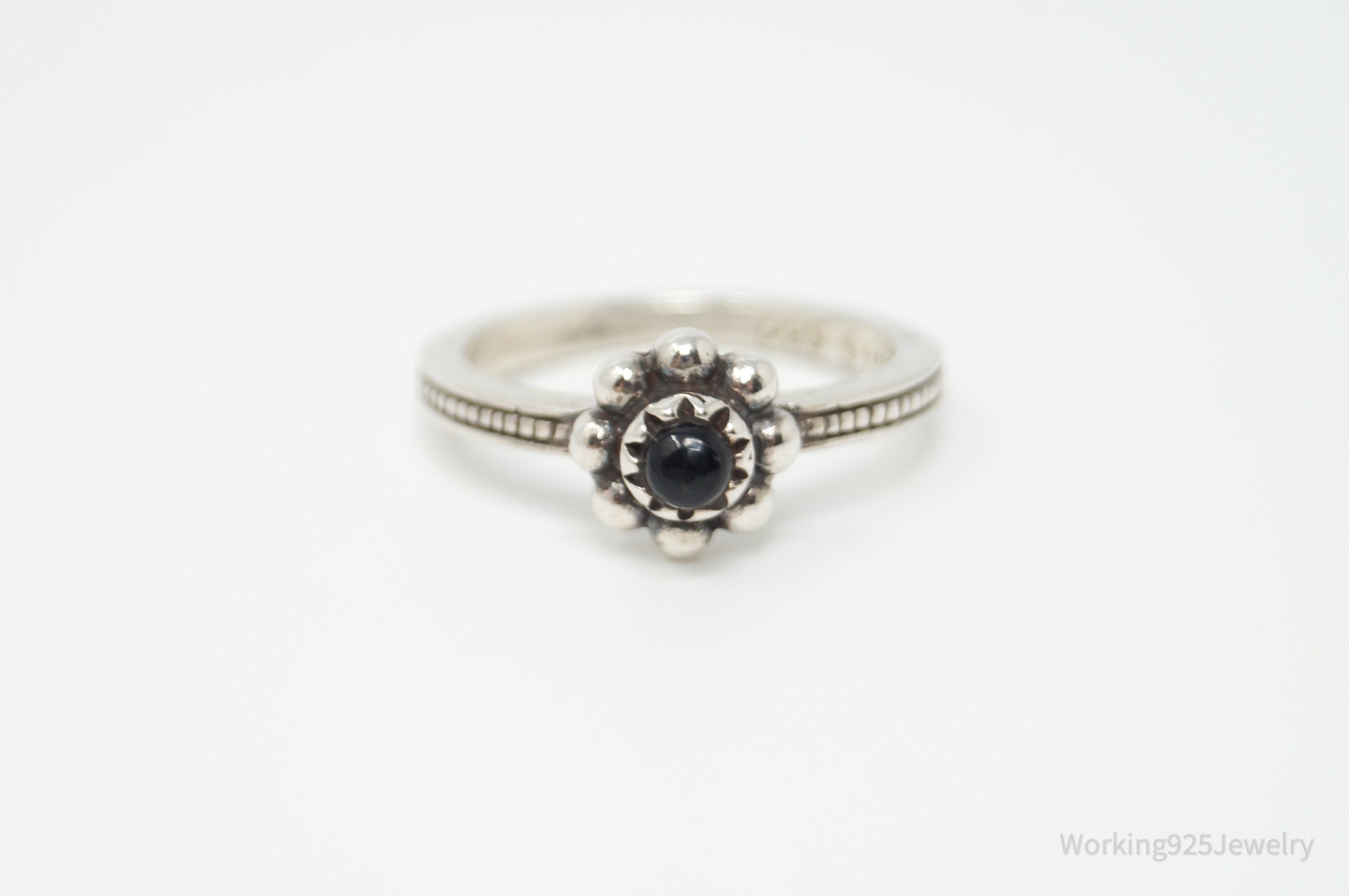 Vintage Designer BARSE Black Onyx Flower Sterling Silver Ring - Size 8.25