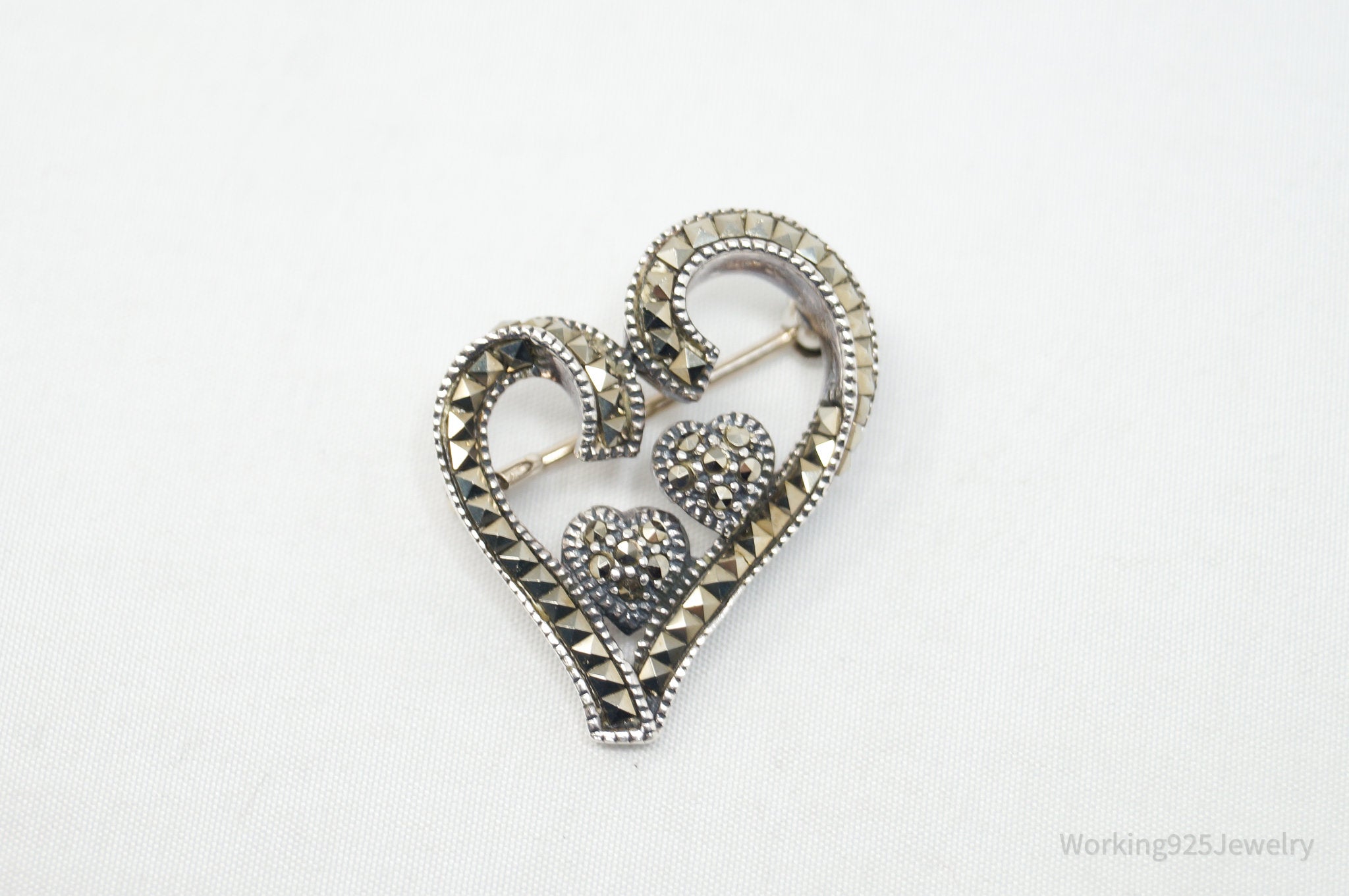 Vintage Designer Judith Jack Marcasite Open Heart Sterling Brooch Pin