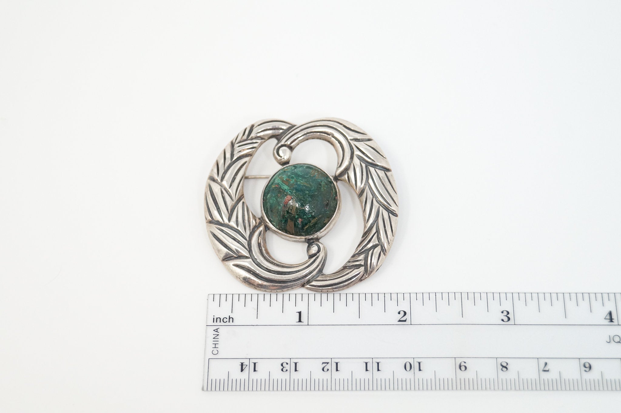 RARE Vintage Taxco LOS CASTILLO Green Stone Sterling Silver Modernist Brooch Pin