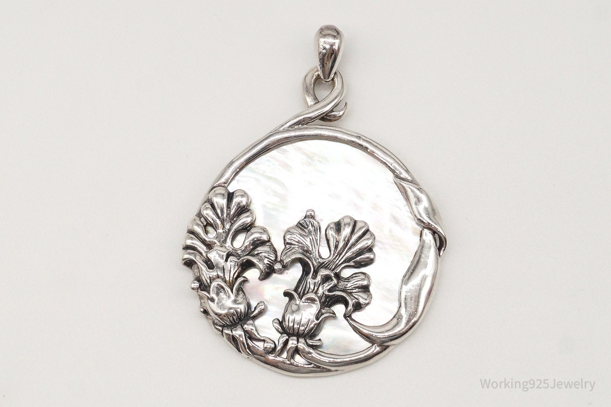 Large Vintage Mother Of Pearl Floral Sterling Silver Pendant