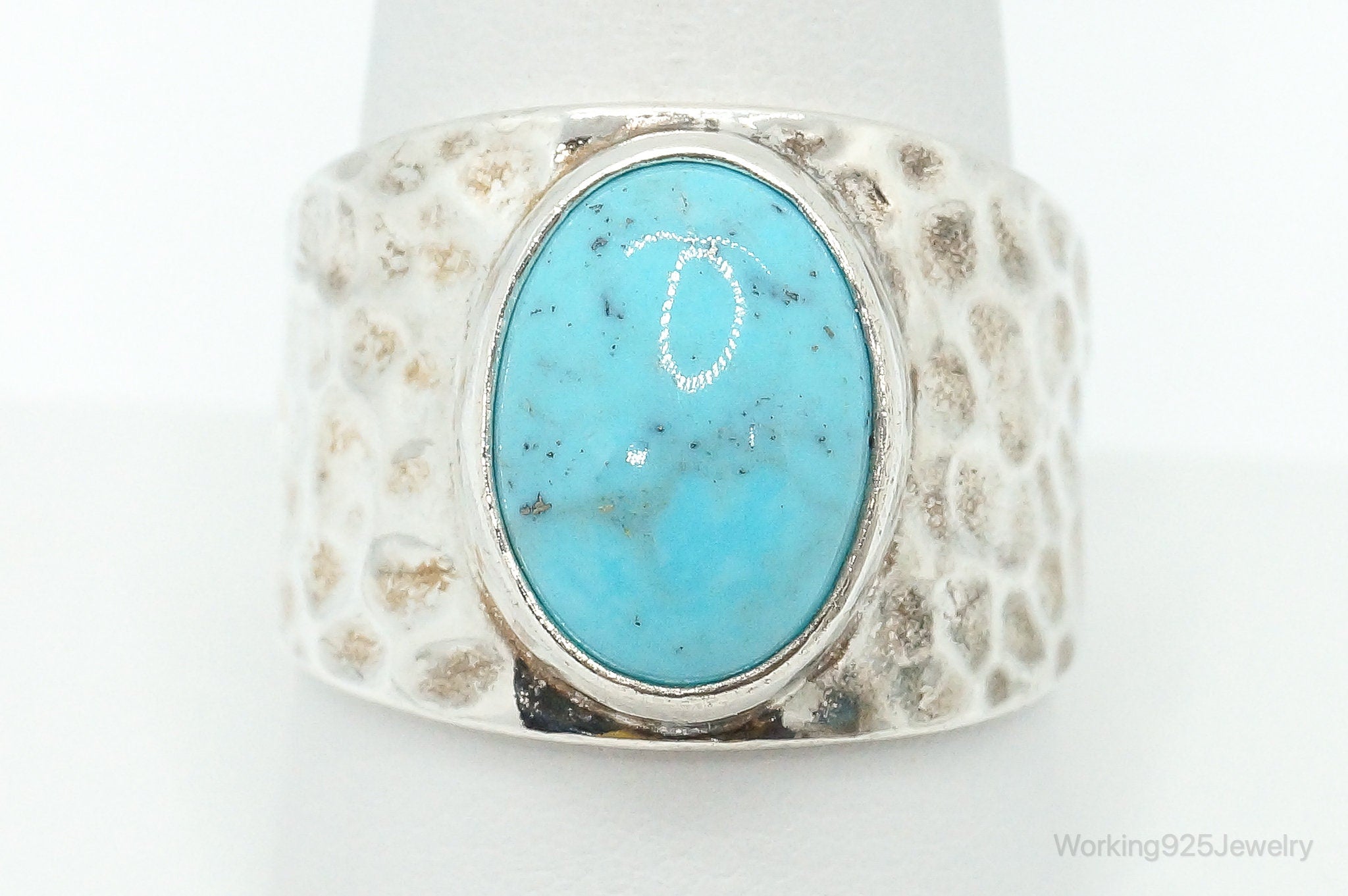 Large Turquoise Hammered Style Sterling Silver Ring - Size 9.75