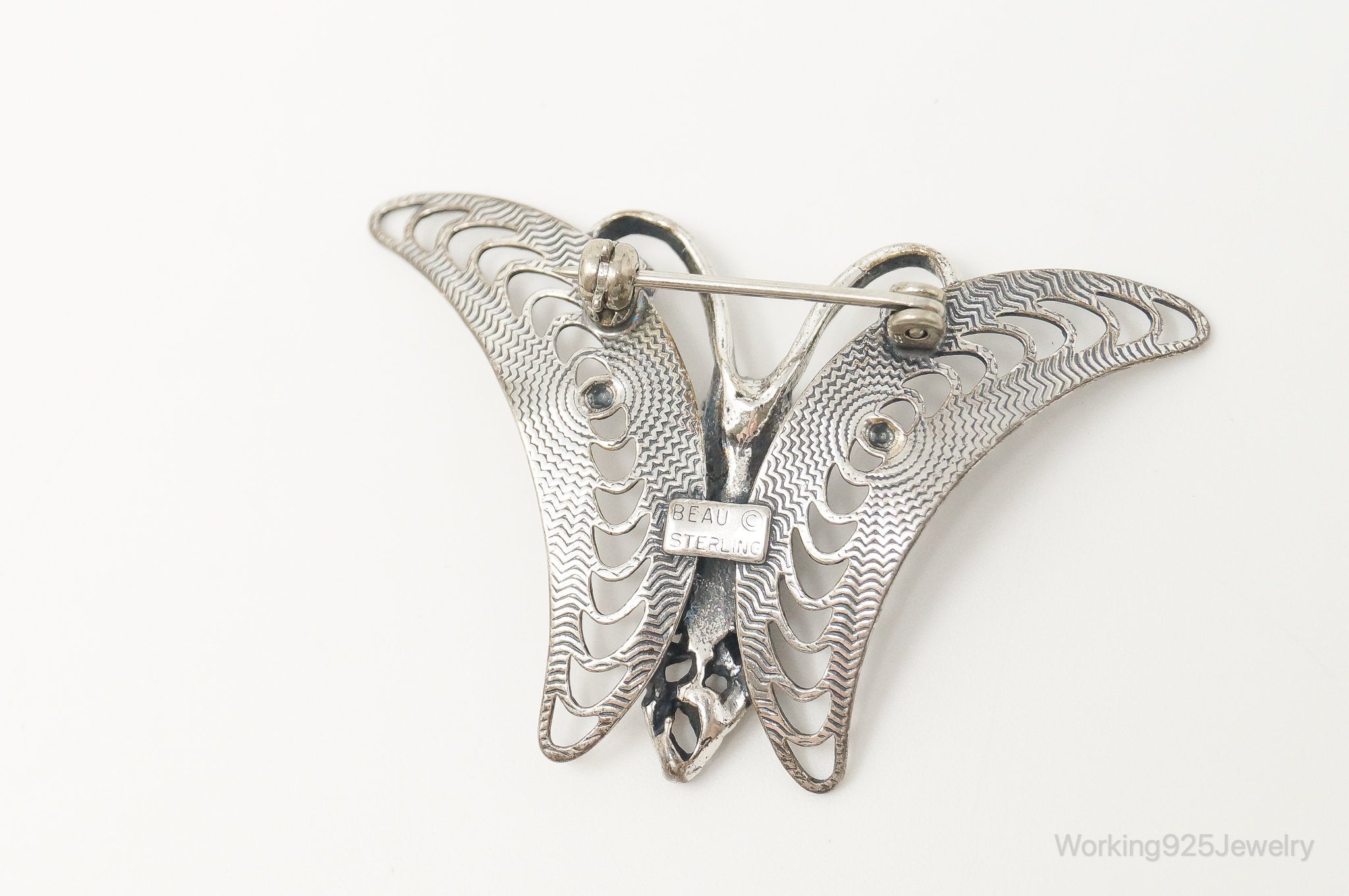 Vintage Designer Beau Filigree Butterfly Modern Sterling Silver Brooch Pin