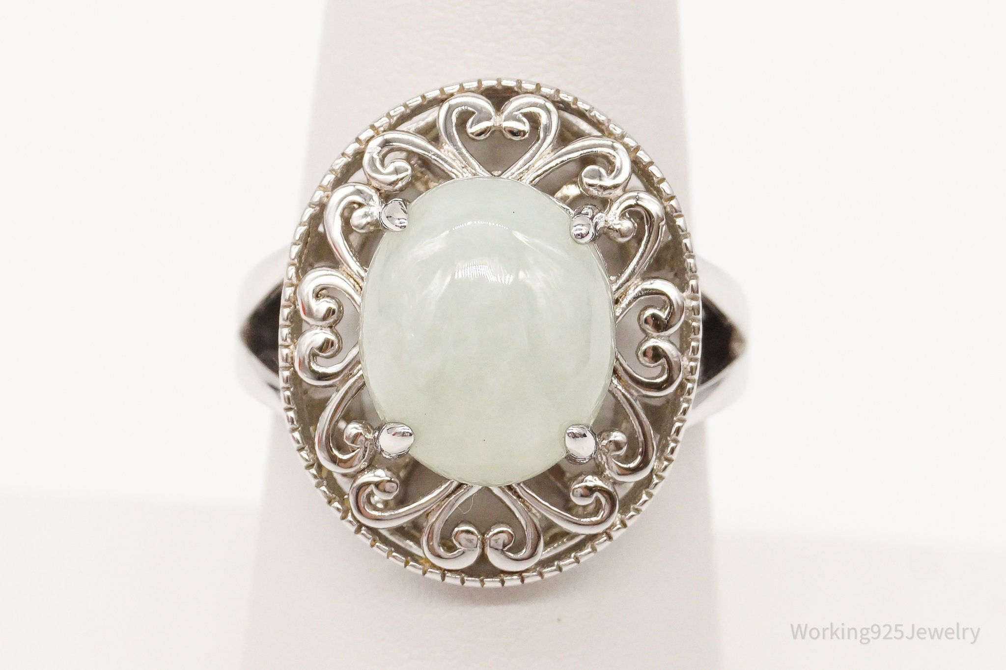 Designer TGGC Green Jade Sterling Silver Ring - Size 7