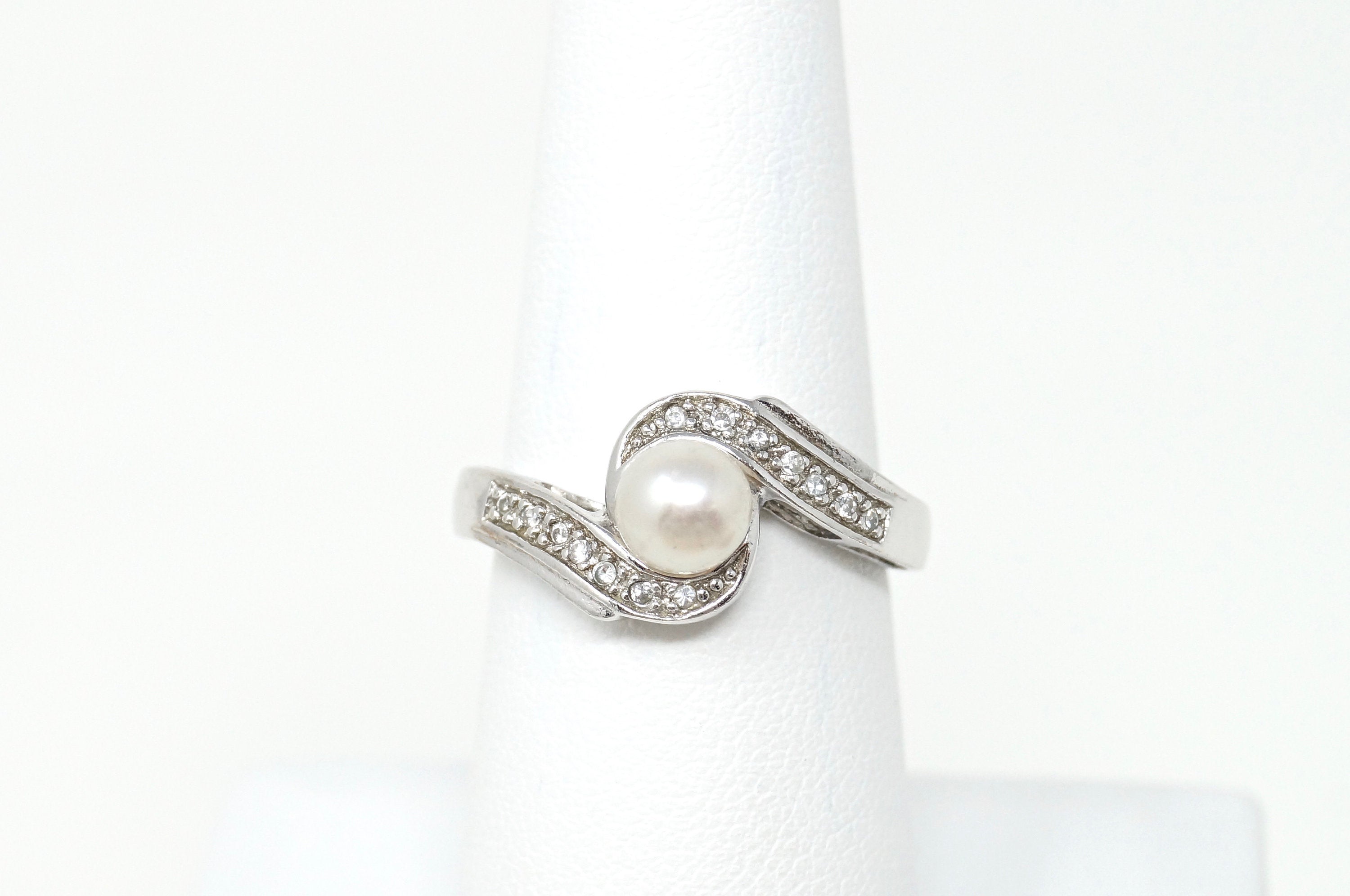 Vintage Art Deco Pearl CZ Statement Ring Sterling Silver - Size 7