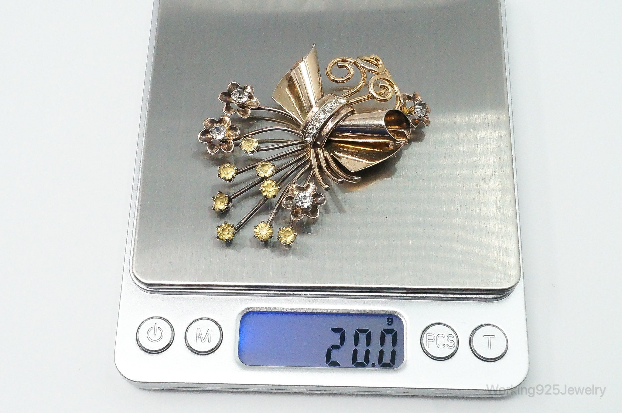 Large Antique Rhinestone Gold Tone Sterling Silver Brooch Pin