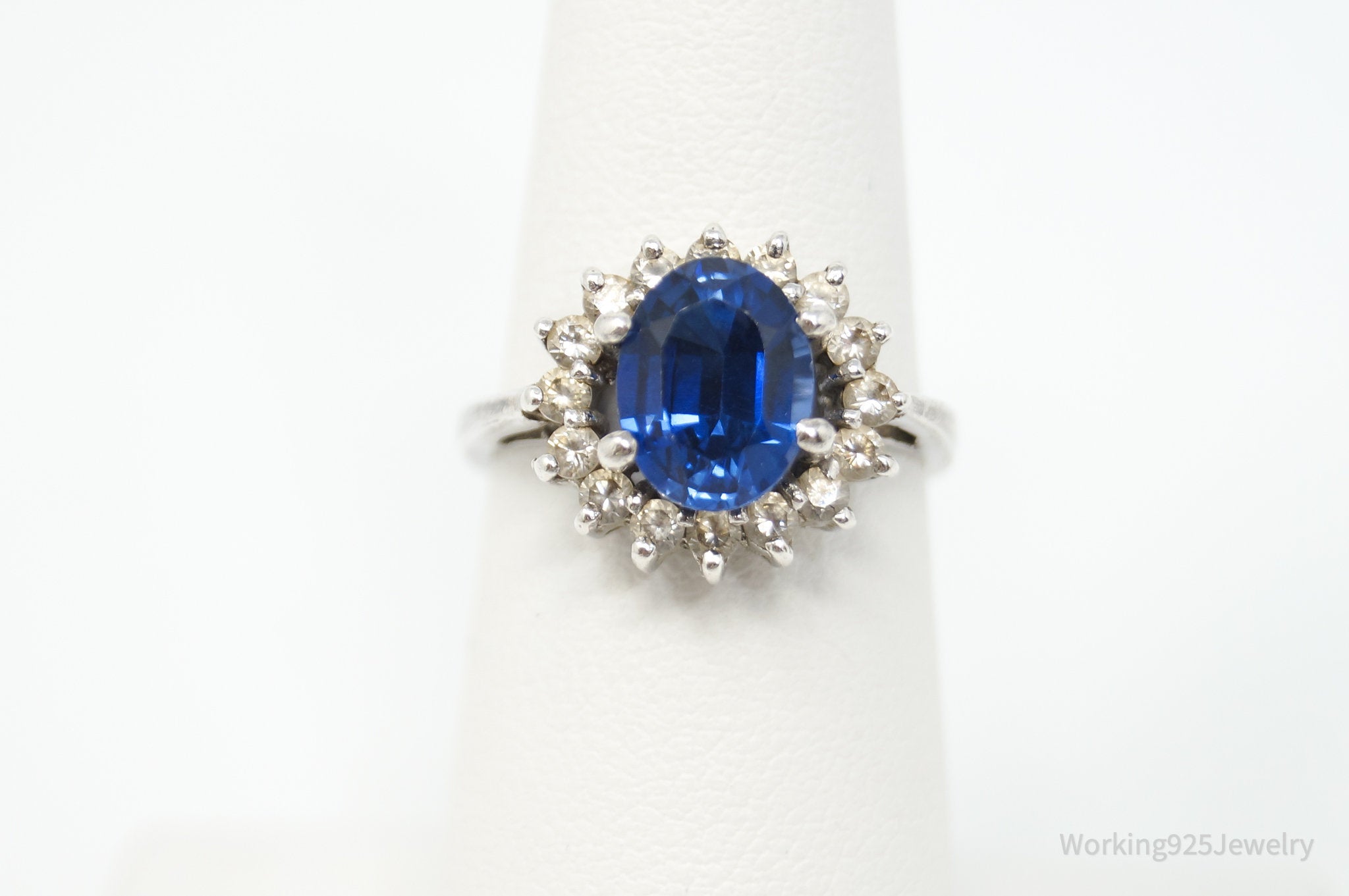 Vintage Art Deco Style Blue Glass CZ Sterling Silver Ring - Size 6