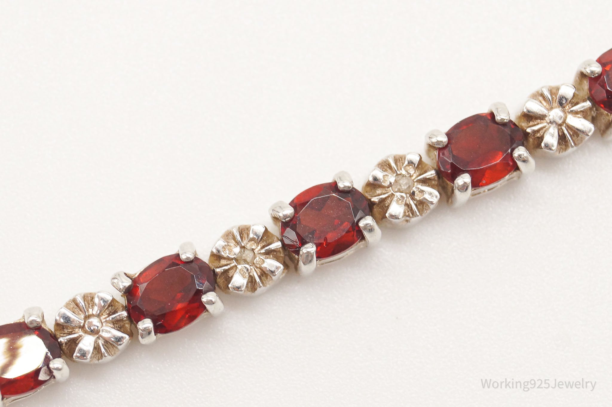 Vintage Garnet 2 Diamond Sterling Silver Bracelet