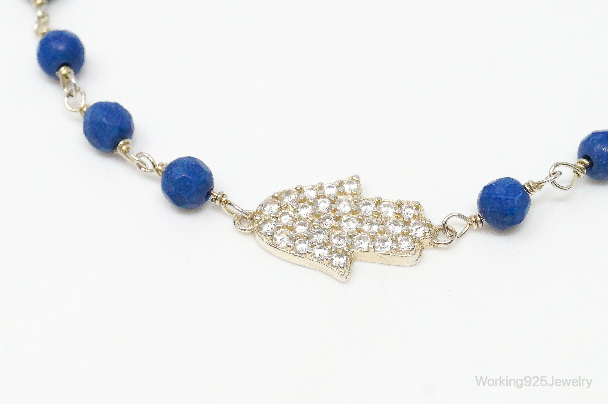 Hand Of Fatima Cubic Zirconia Lapis Lazuli Gold Wash Sterling Silver Bracelet