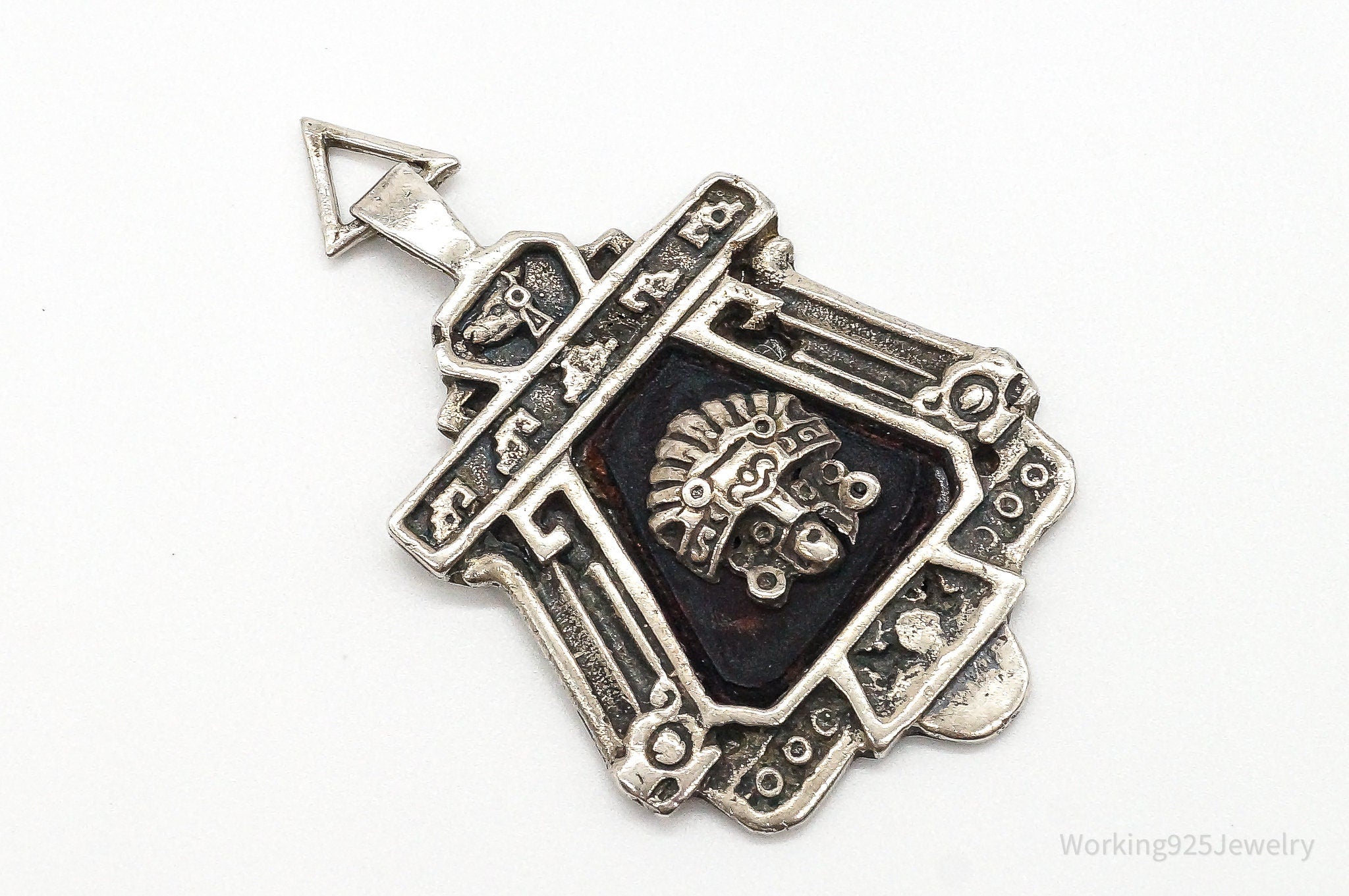 RARE Large Mexico Designer Aduna Aztec Leather Sterling Silver Pendant