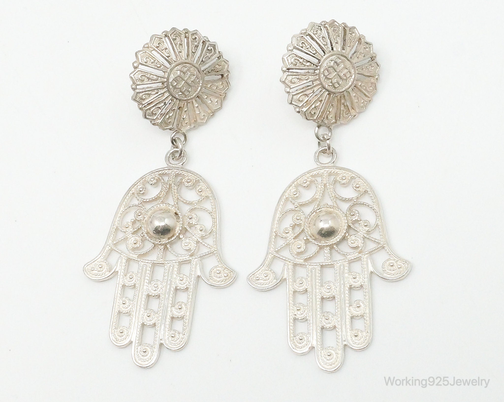 Large Vintage Hamsa Hands Sterling Silver Earrings