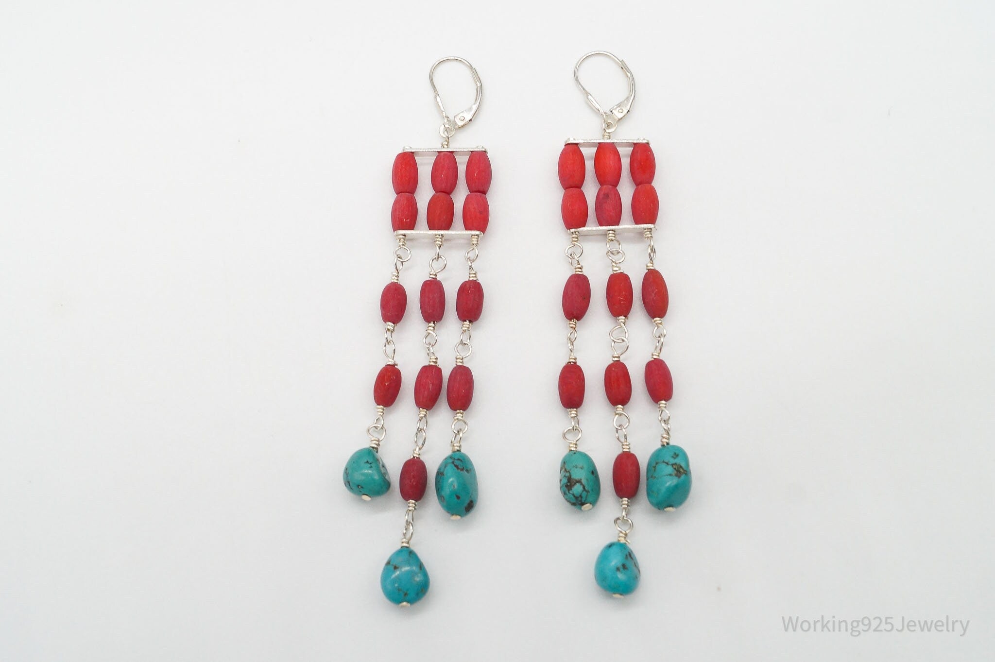 Designer SX Turquoise & Coral Sterling Silver Earrings