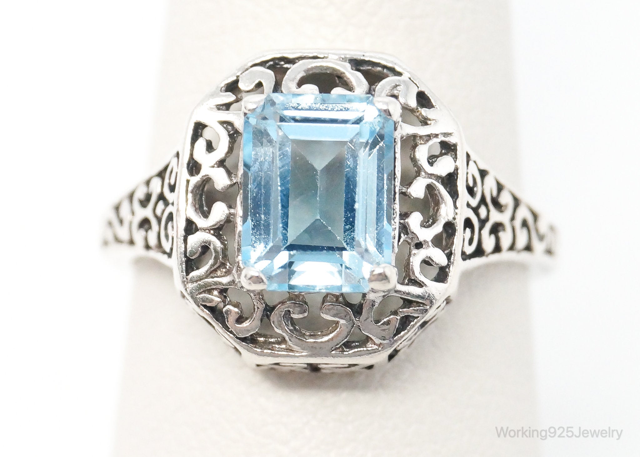 Vintage Blue Topaz Art Deco Sterling Silver Ring - Size 6.75