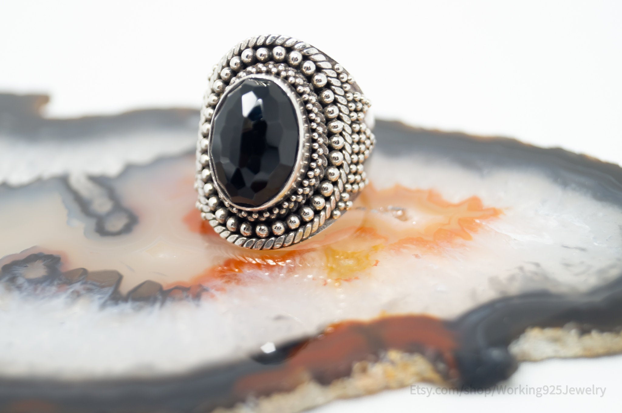 Large Vintage Art Deco Style Black Onyx Statement Sterling Ring - Size 7