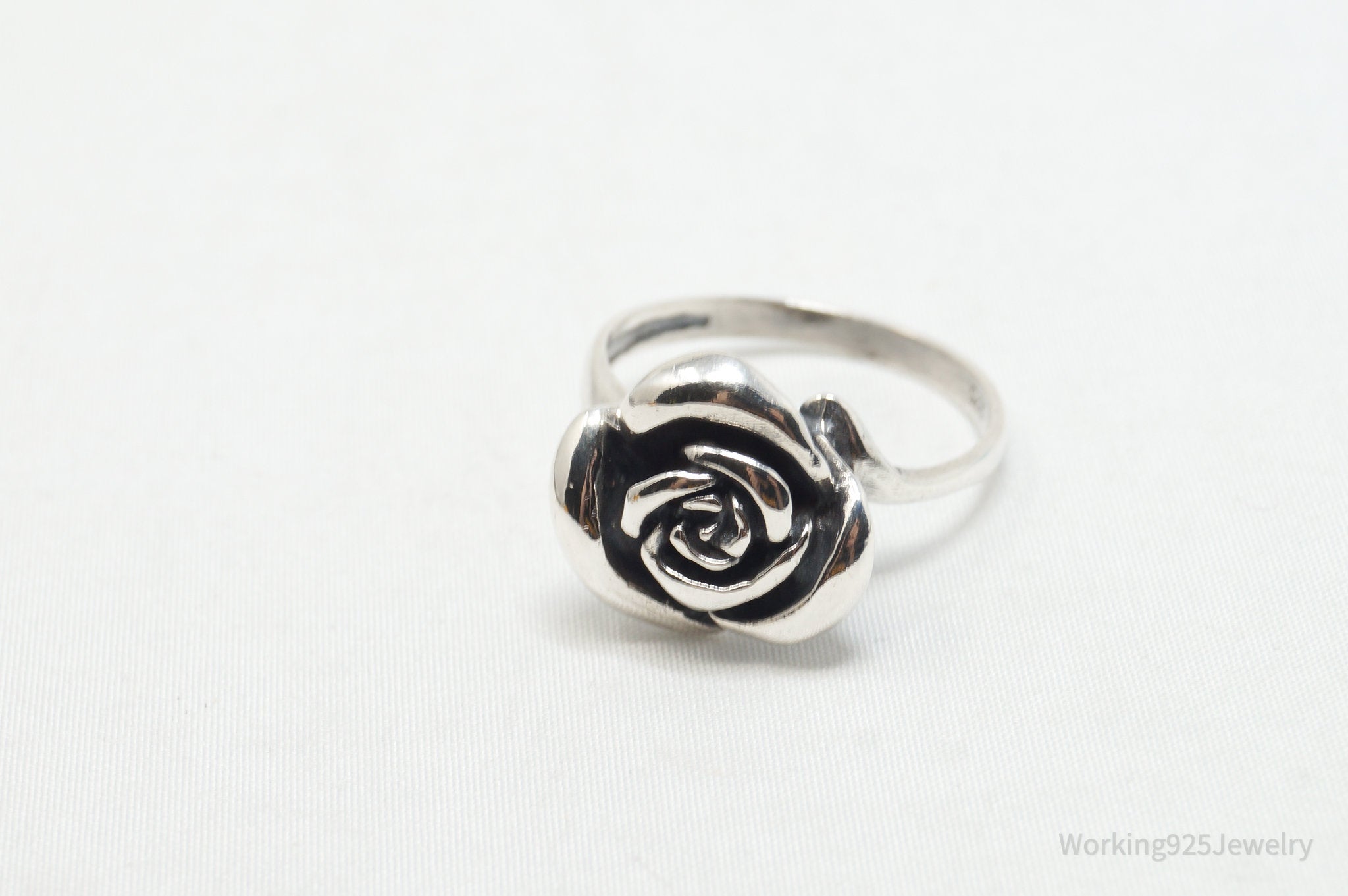 Vintage 3D Rose Flower Sterling Silver Cocktail Ring - Size 7