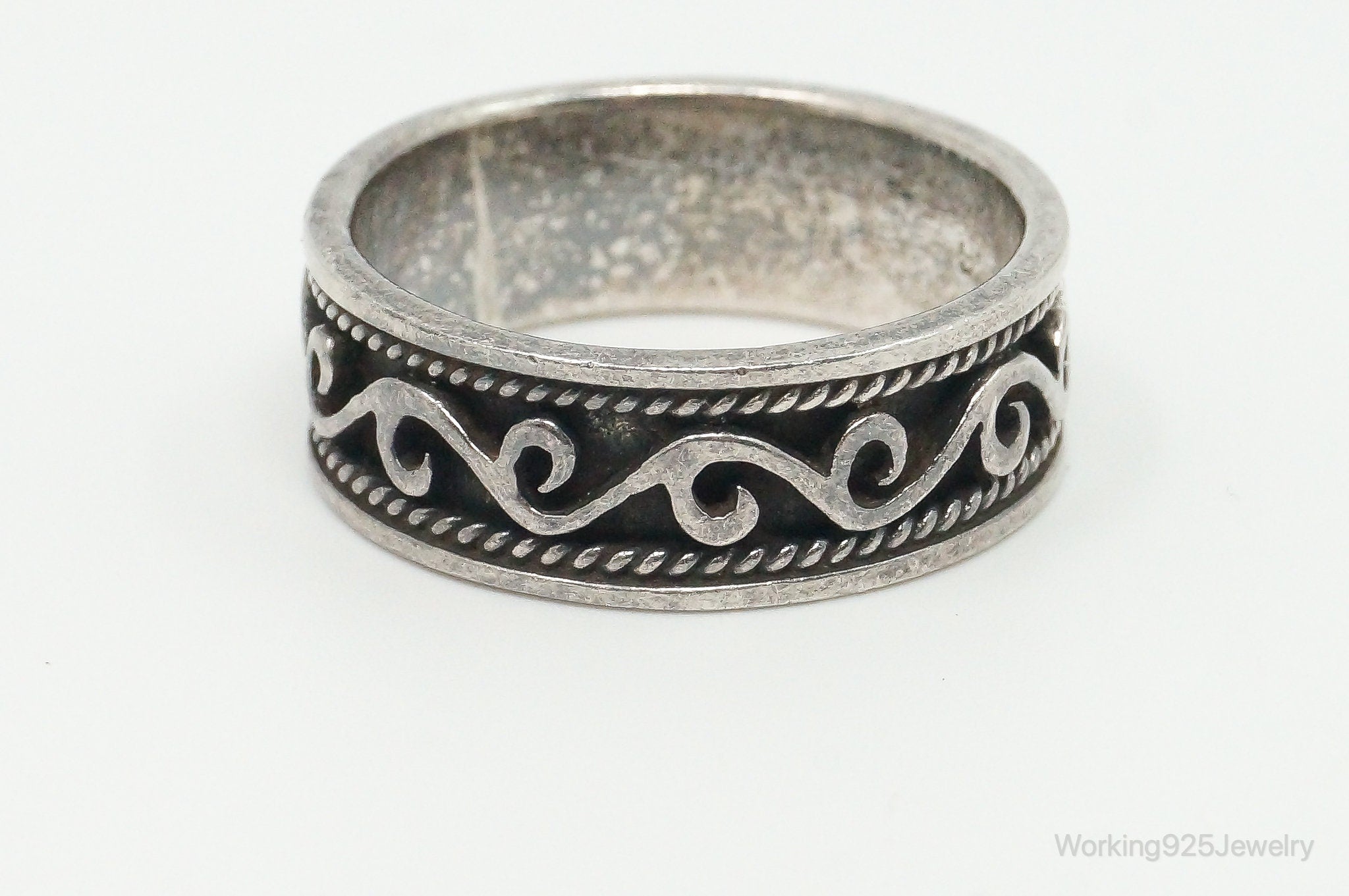 Vintage Bali Style Scroll Swirls Sterling Silver Band Ring - Size 8