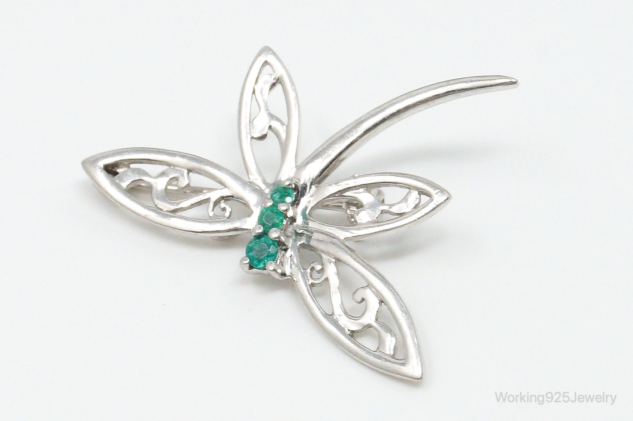 Vintage Emerald Dragonfly Sterling Silver Pin Brooch Necklace Pendant