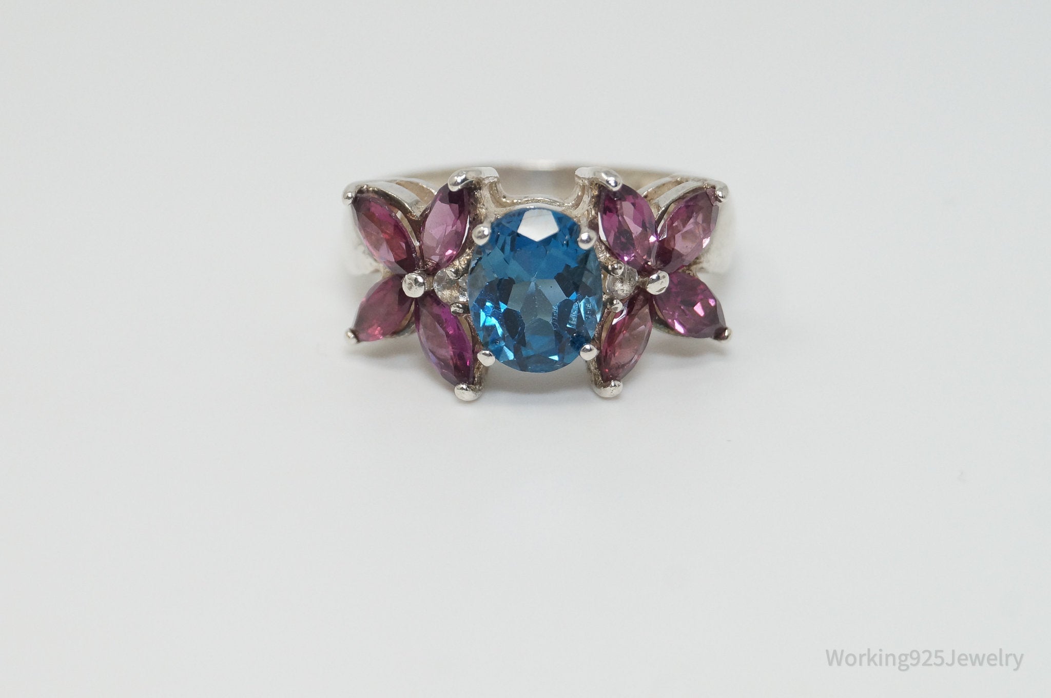 Vintage Blue Topaz Amethyst CZ Floral Sterling Silver Ring - Sz 9.5