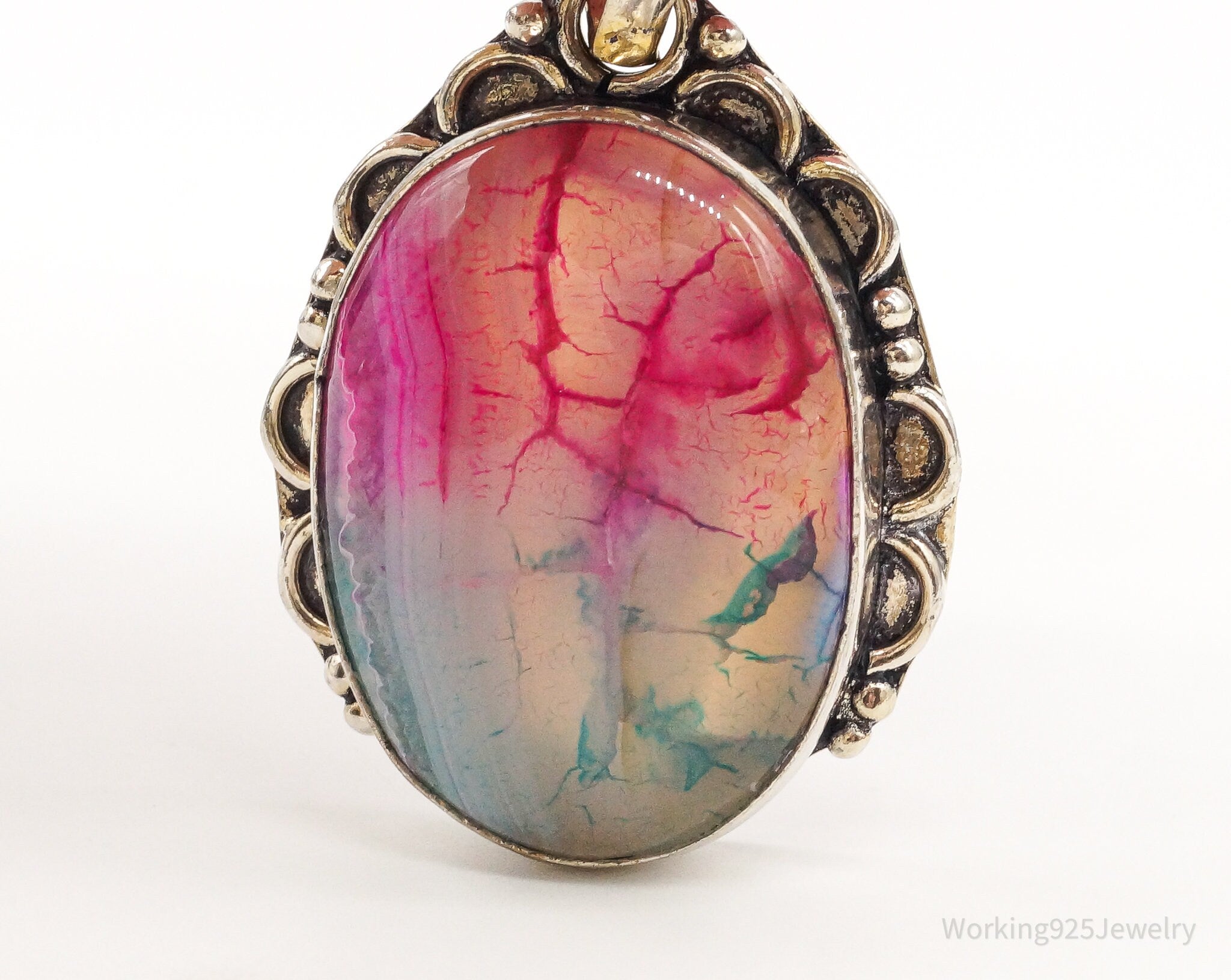 Large Pink & Blue Dyed Stone Bali Sterling Silver Pendant