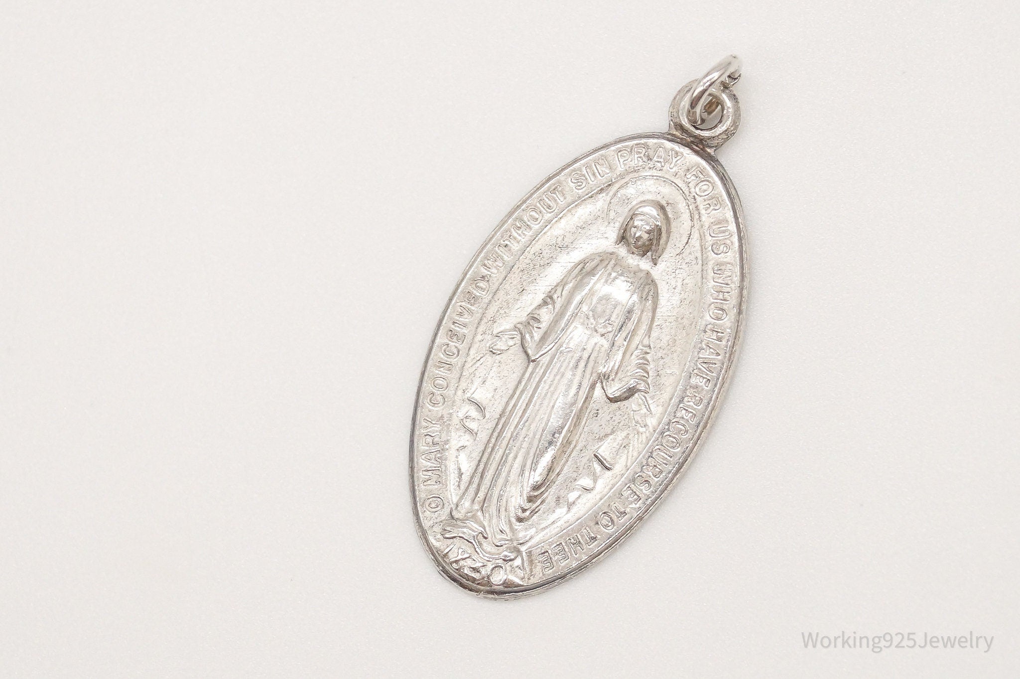 Antique Mary Pray For Us Sterling Silver Pendant