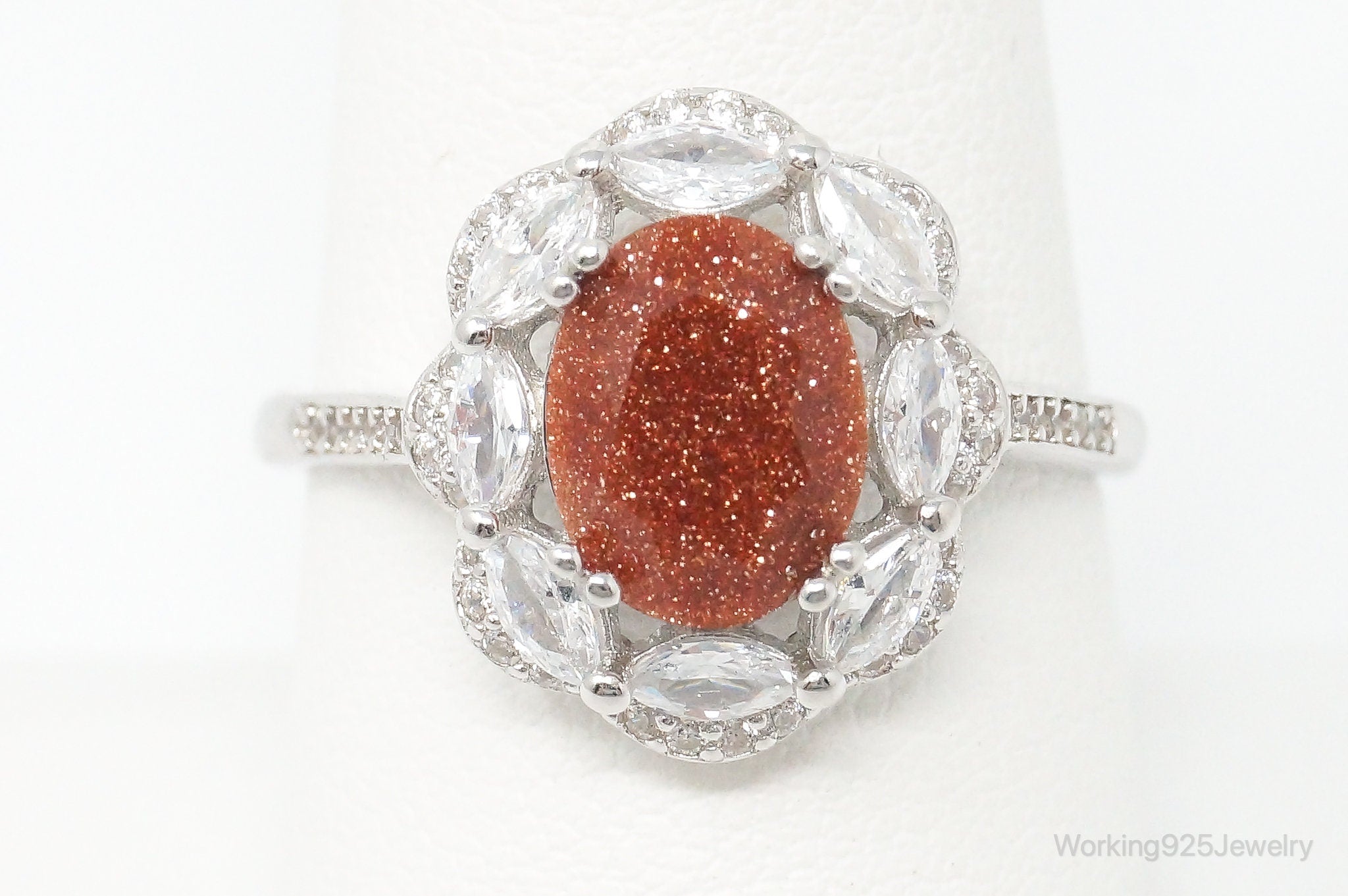 Goldstone Cubic Zirconia Flower Sterling Silver Ring - Size 8.75 Adjustable