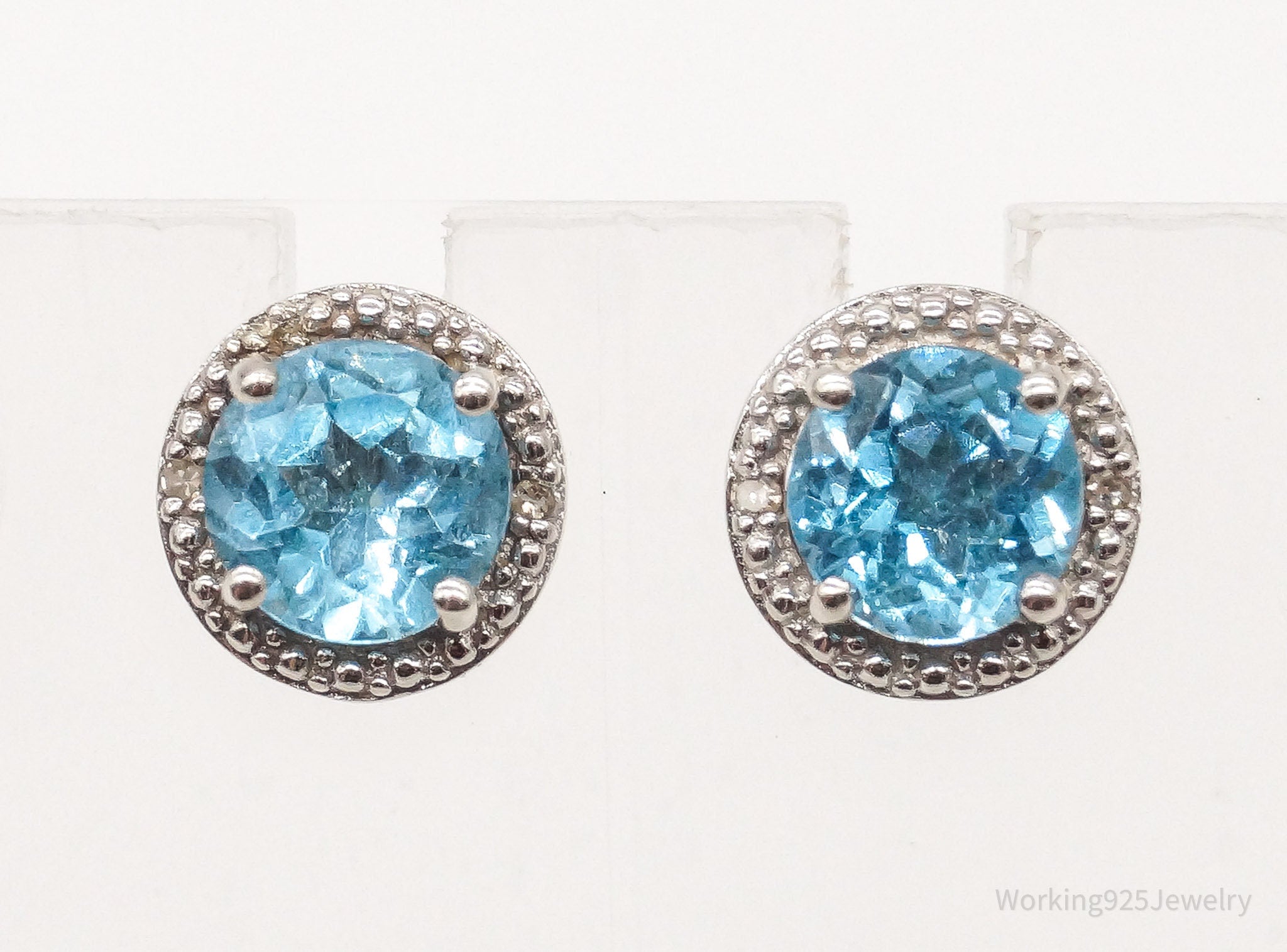 Vintage Blue Topaz 4 Diamond Sterling Silver Earrings