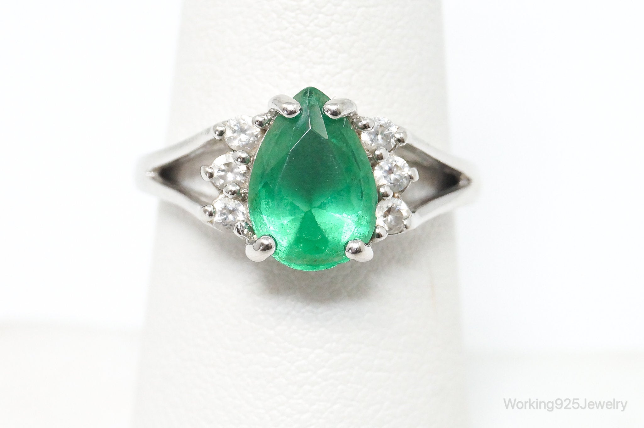 Vintage Lab Emerald CZ Accented Sterling Silver Ring SZ 7